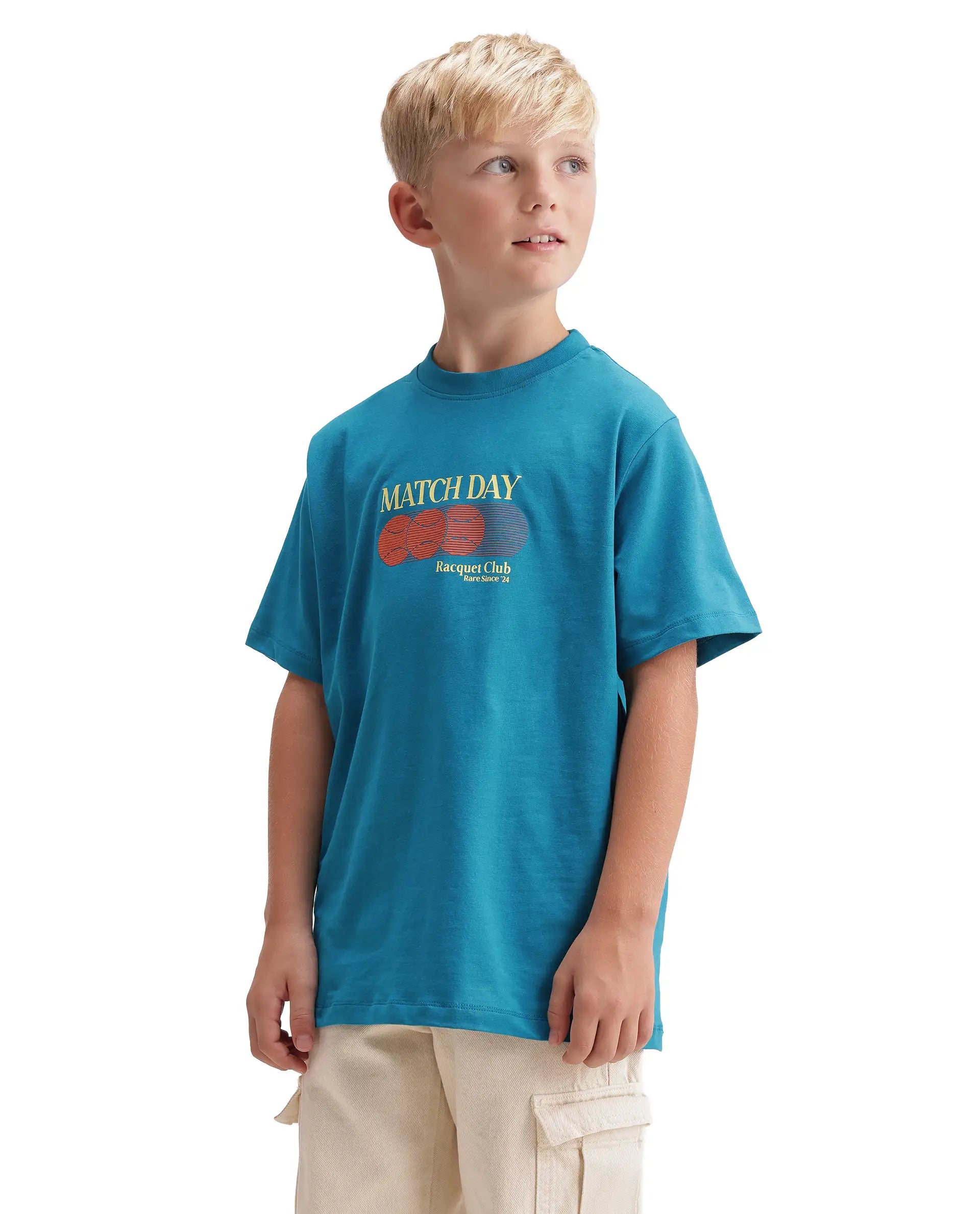 Rare Ones Kids Tega Teal Cotton Blend Fabric Pull-On Closure Regular Fit Graphic Print T-Shirt