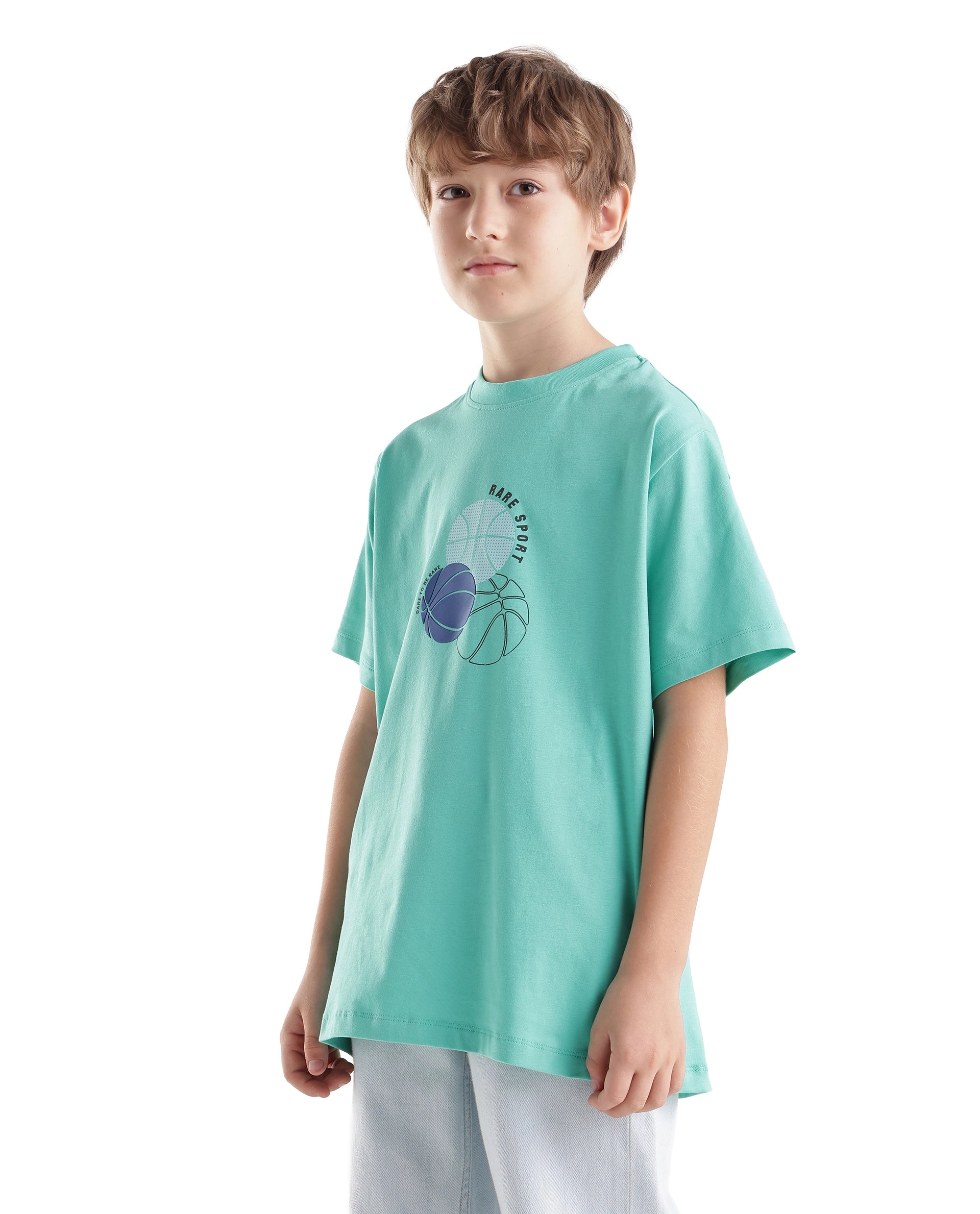 Rare Ones Kids Bask Turq Cotton Blend Fabric Pull-On Closure Regular Fit Graphic Print T-Shirt