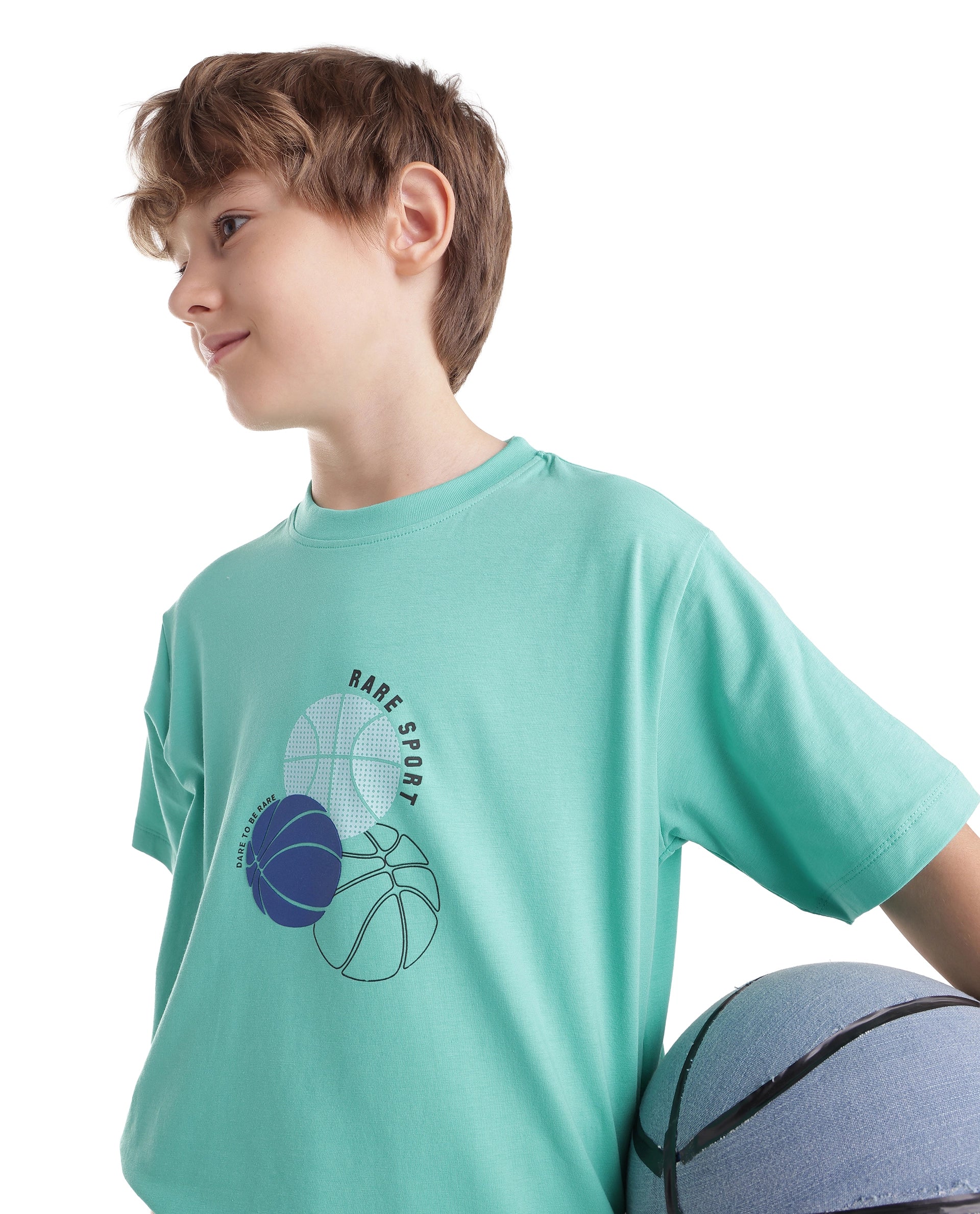 Rare Ones Kids Bask Turq Cotton Blend Fabric Pull-On Closure Regular Fit Graphic Print T-Shirt