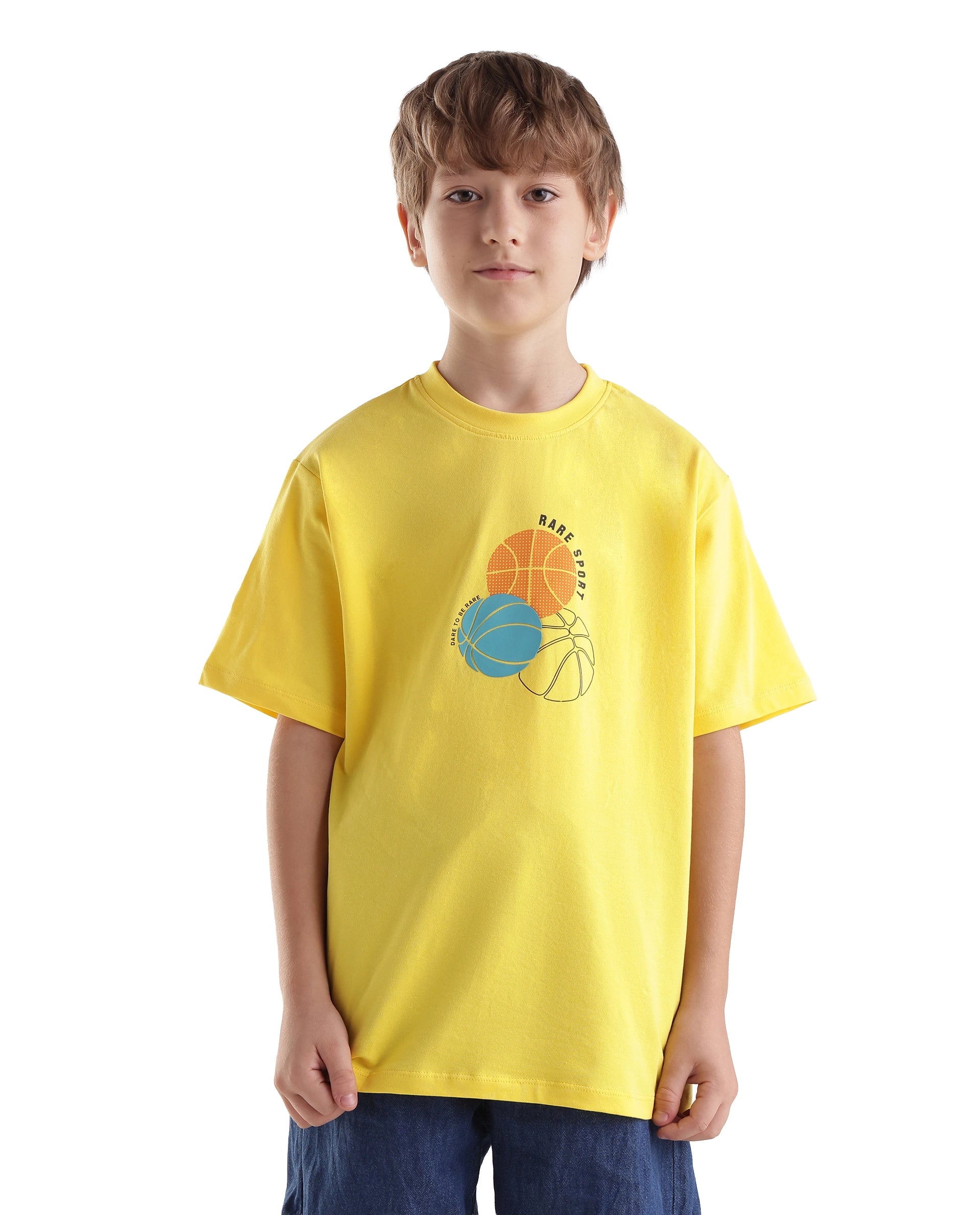 Rare Ones Kids Bask Yellow Cotton Blend Fabric Pull-On Closure Regular Fit Graphic Print T-Shirt