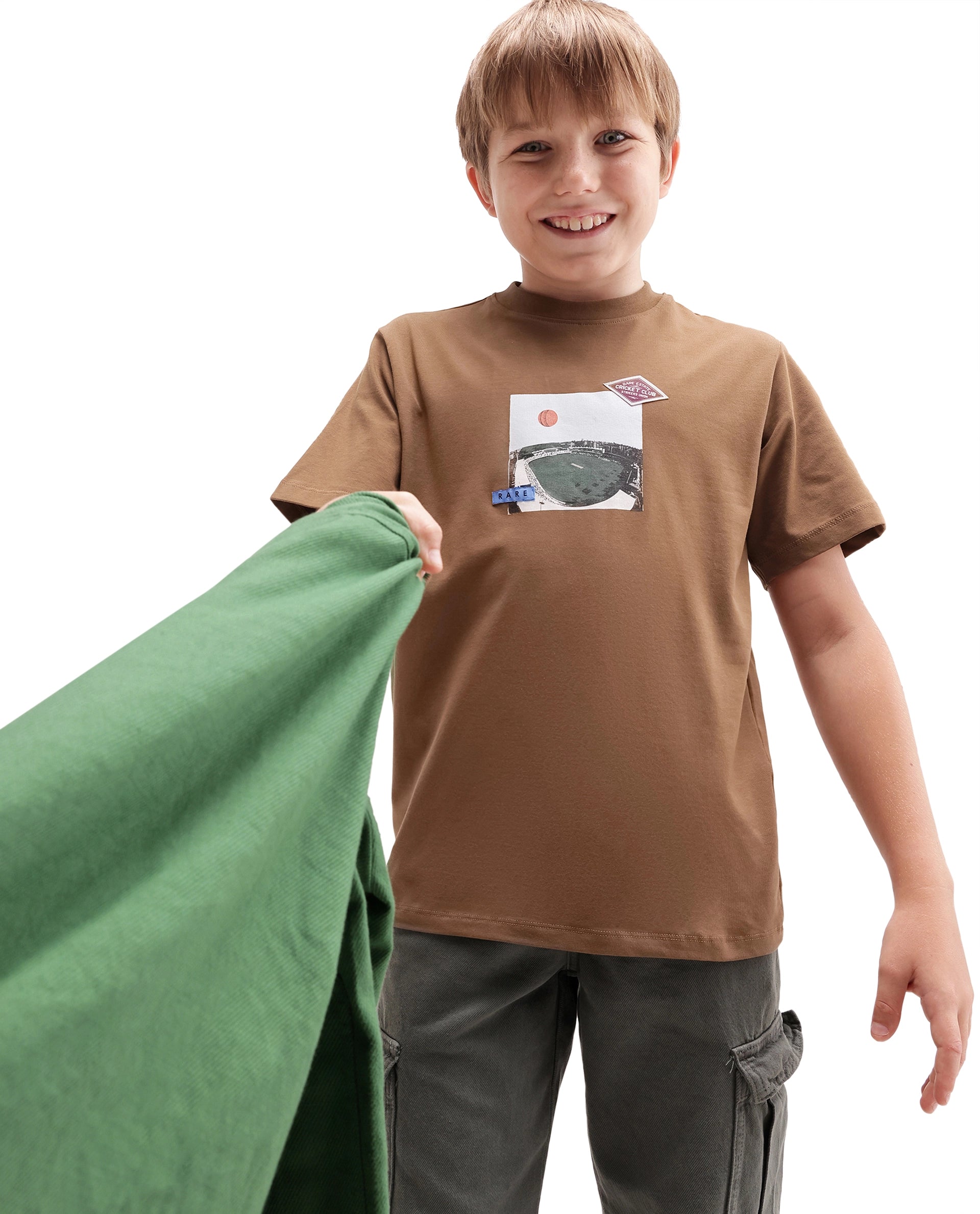 Rare Ones Kids Cric Brown Cotton Blend Fabric Pull-On Closure Regular Fit Graphic Print T-Shirt