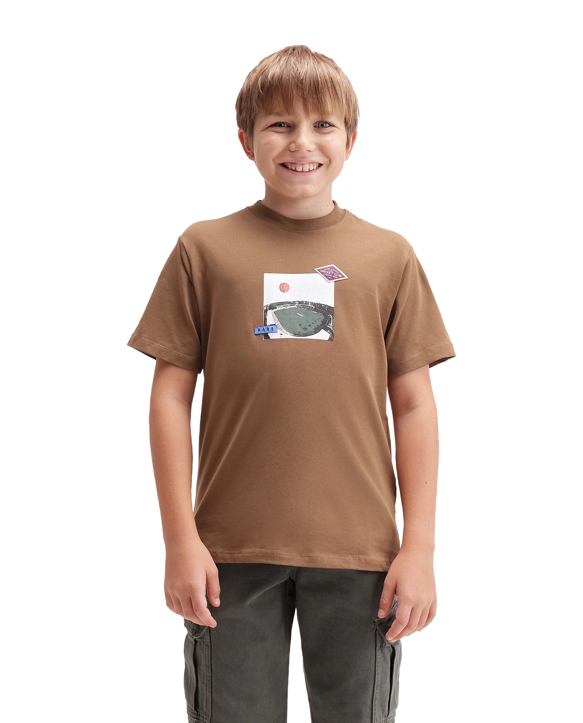 Rare Ones Kids Cric Brown Cotton Blend Fabric Pull-On Closure Regular Fit Graphic Print T-Shirt