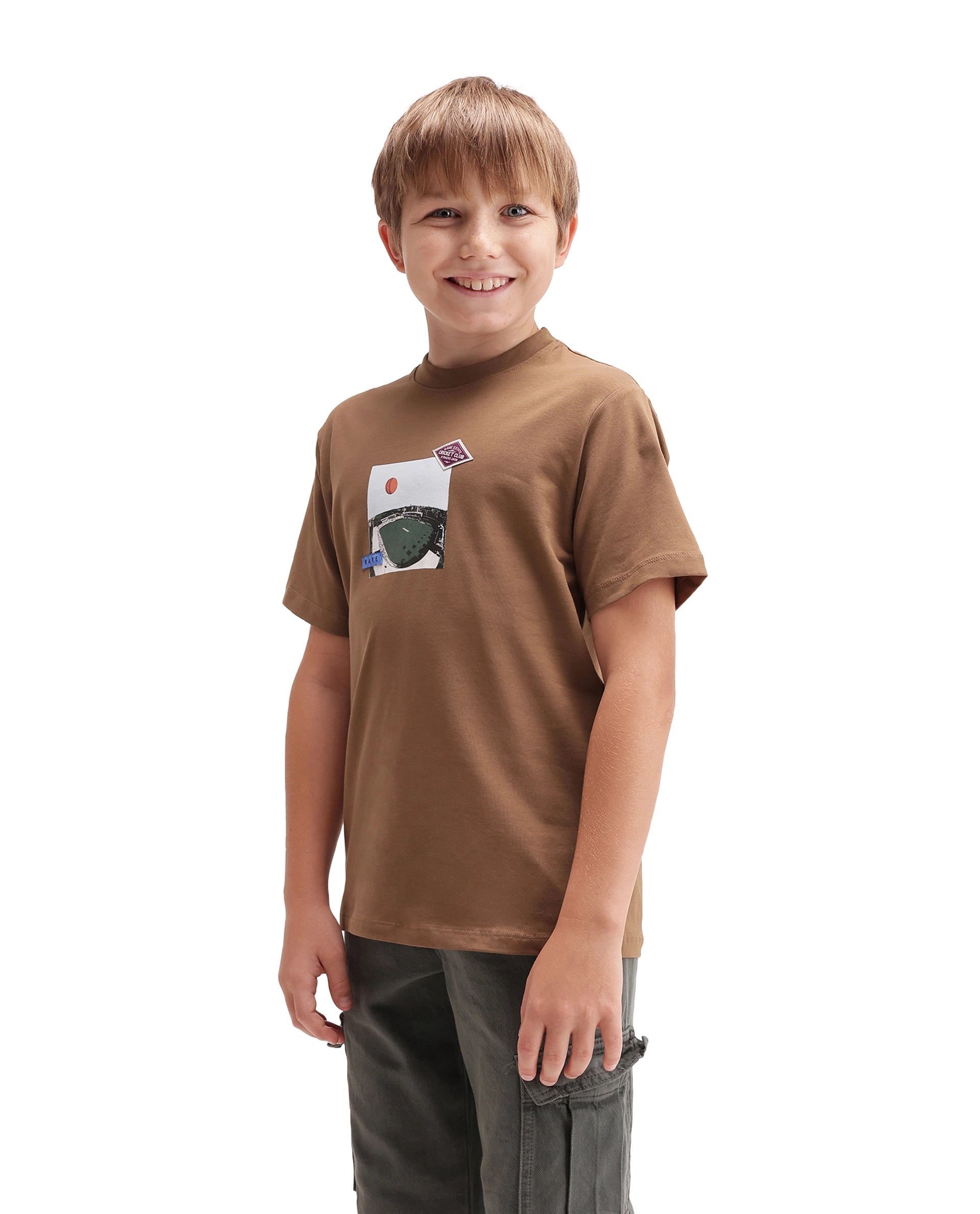 Rare Ones Kids Cric Brown Cotton Blend Fabric Pull-On Closure Regular Fit Graphic Print T-Shirt