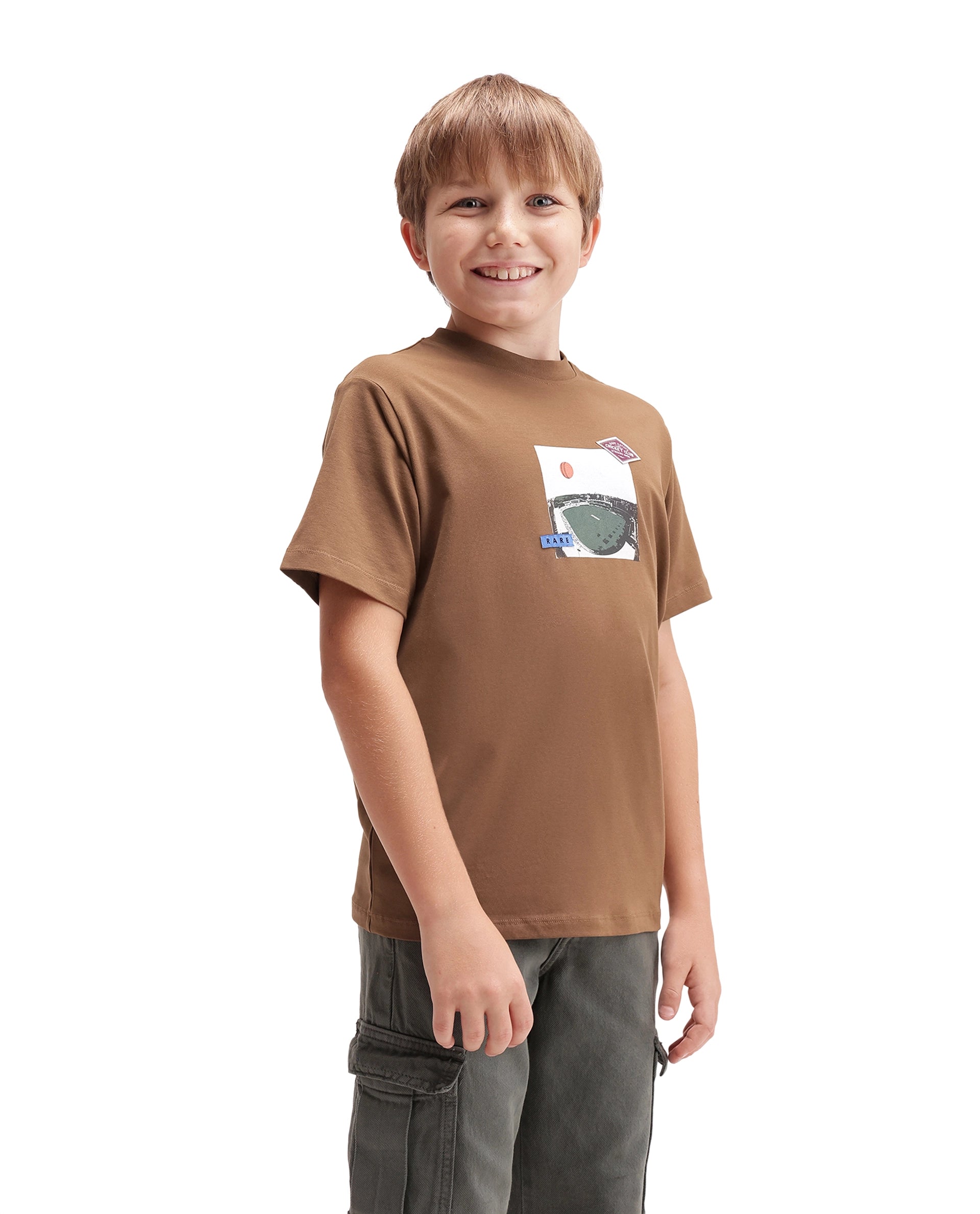 Rare Ones Kids Cric Brown Cotton Blend Fabric Pull-On Closure Regular Fit Graphic Print T-Shirt