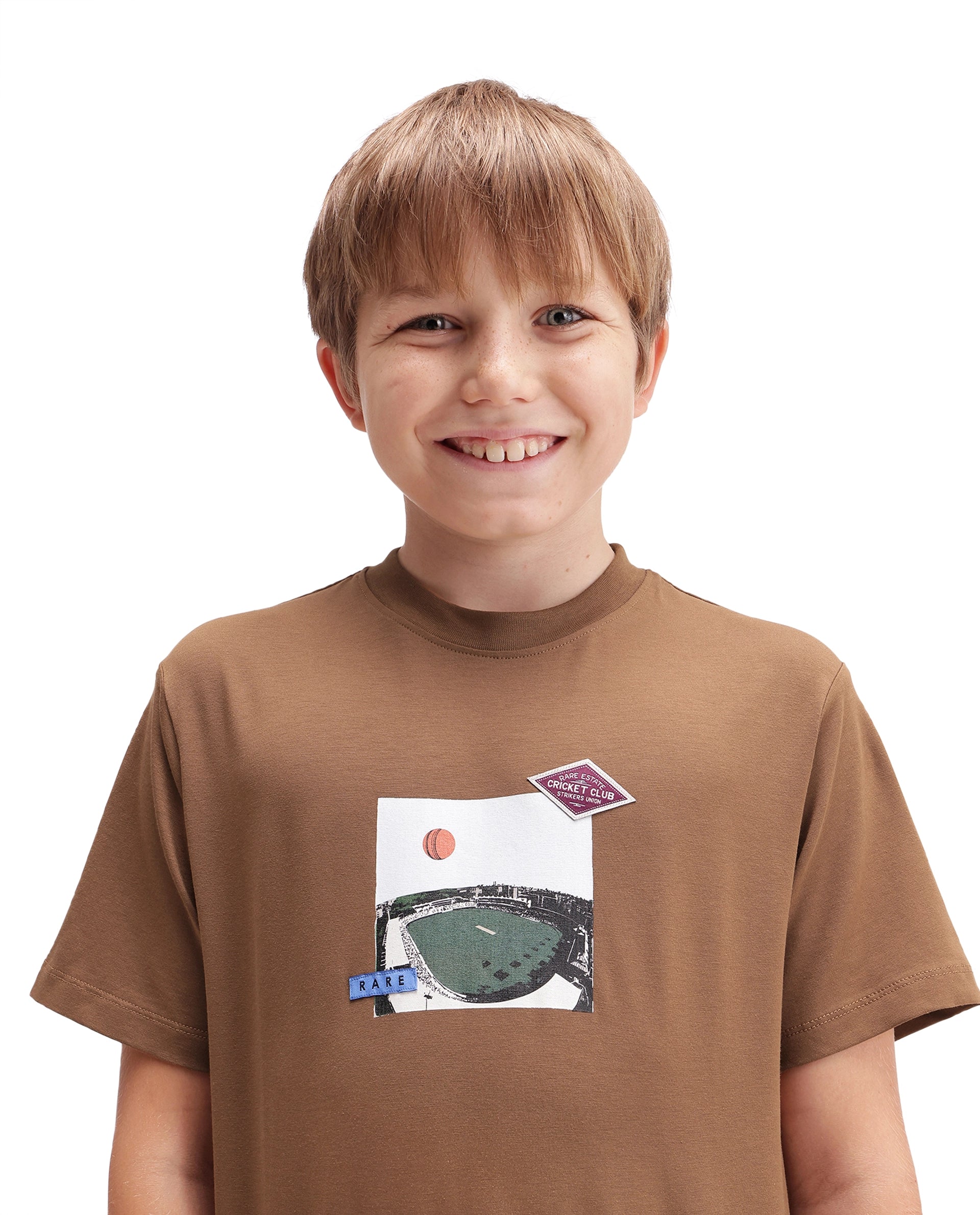 Rare Ones Kids Cric Brown Cotton Blend Fabric Pull-On Closure Regular Fit Graphic Print T-Shirt