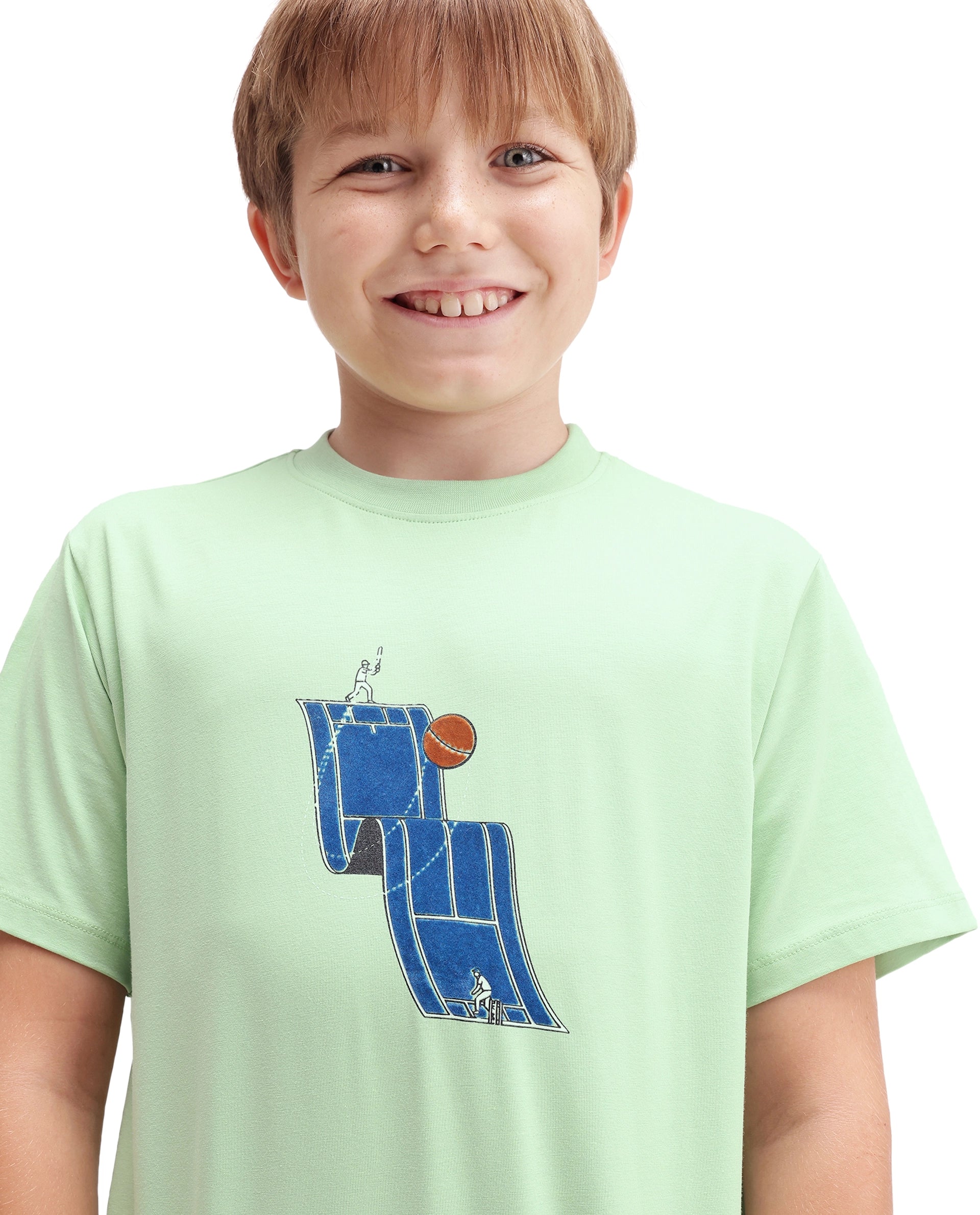 Rare Ones Kids Tome Light Green Cotton Blend Fabric Pull-On Closure Regular Fit Graphic Print T-Shirt