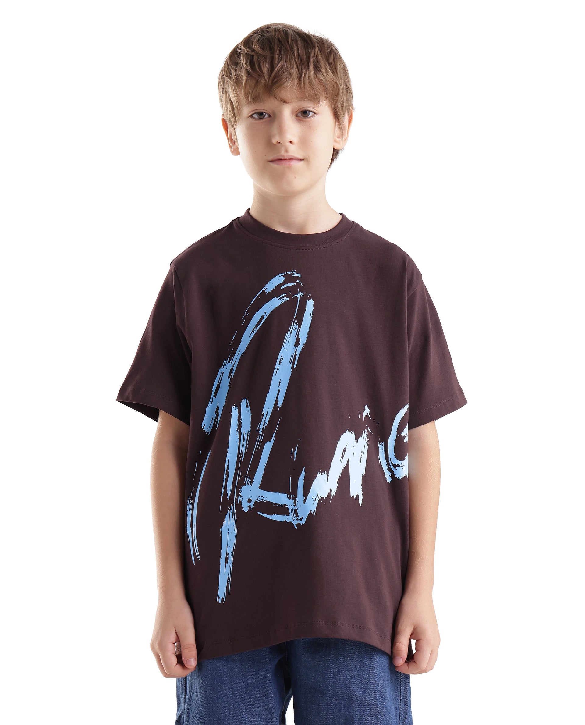Rare Ones Kids Emor Dark Brown Cotton Blend Fabric Pull-On Closure Regular Fit Graphic Print T-Shirt