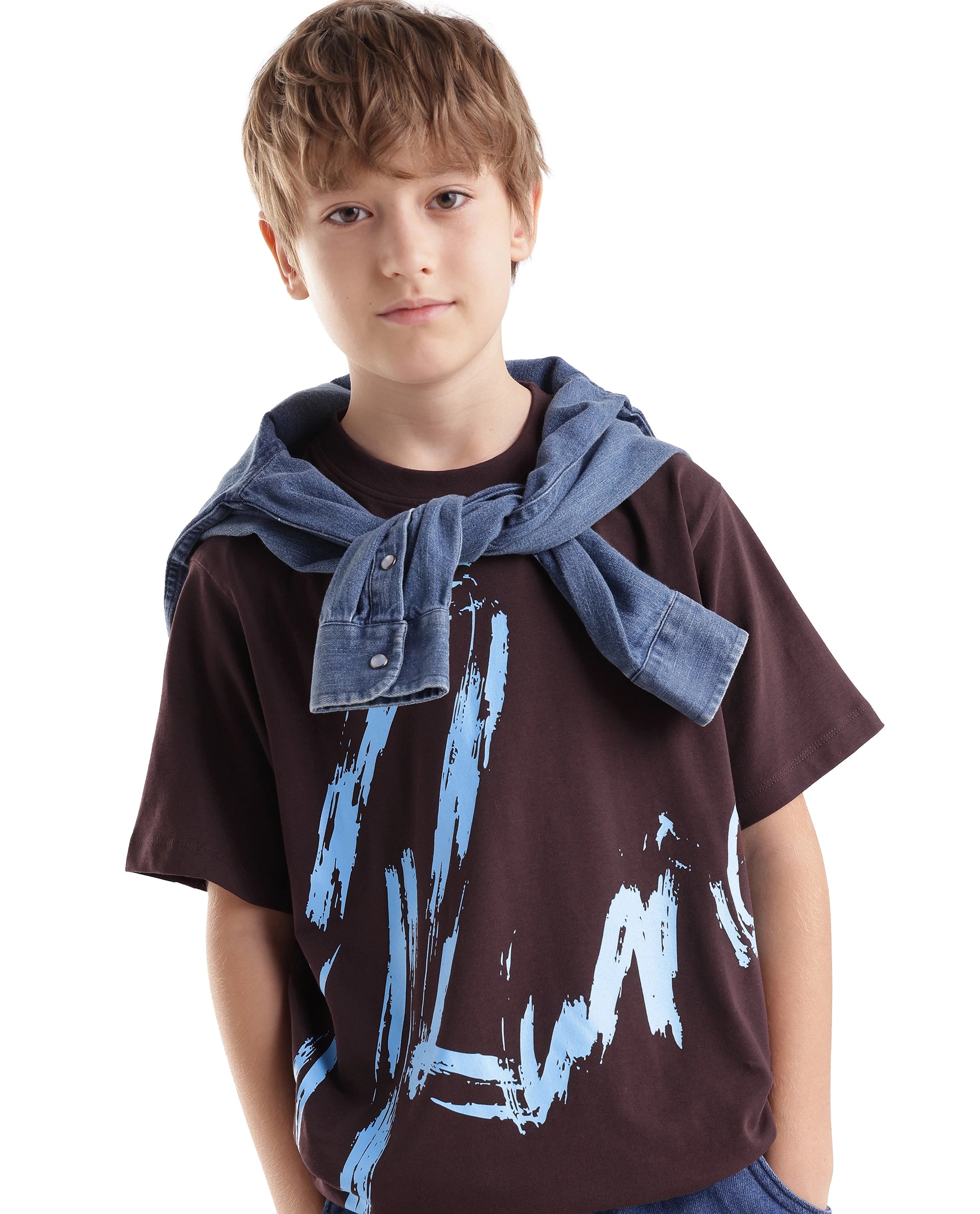 Rare Ones Kids Emor Dark Brown Cotton Blend Fabric Pull-On Closure Regular Fit Graphic Print T-Shirt