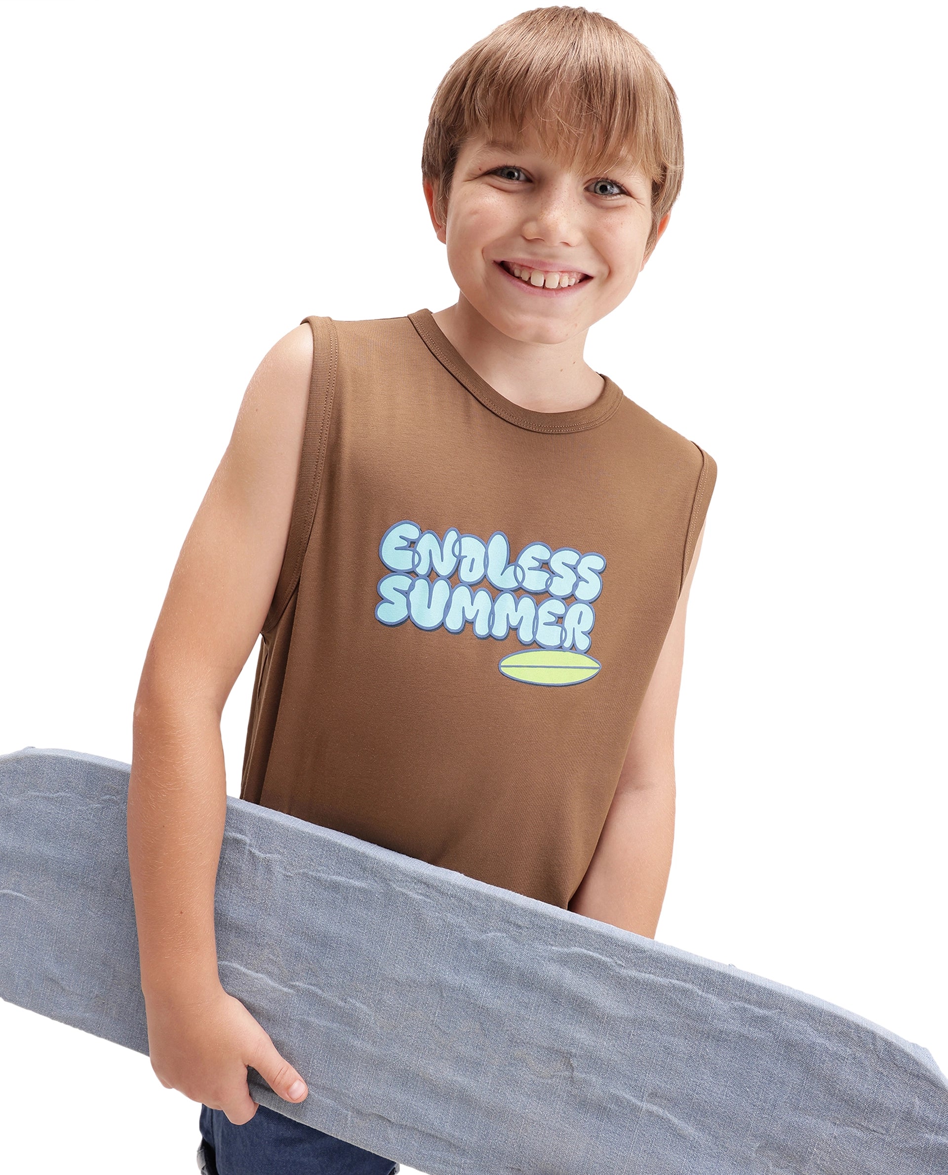 Rare Ones Kids Beck Brown Cotton Blend Fabric Pull-On Closure Tank Fit Graphic Print T-Shirt