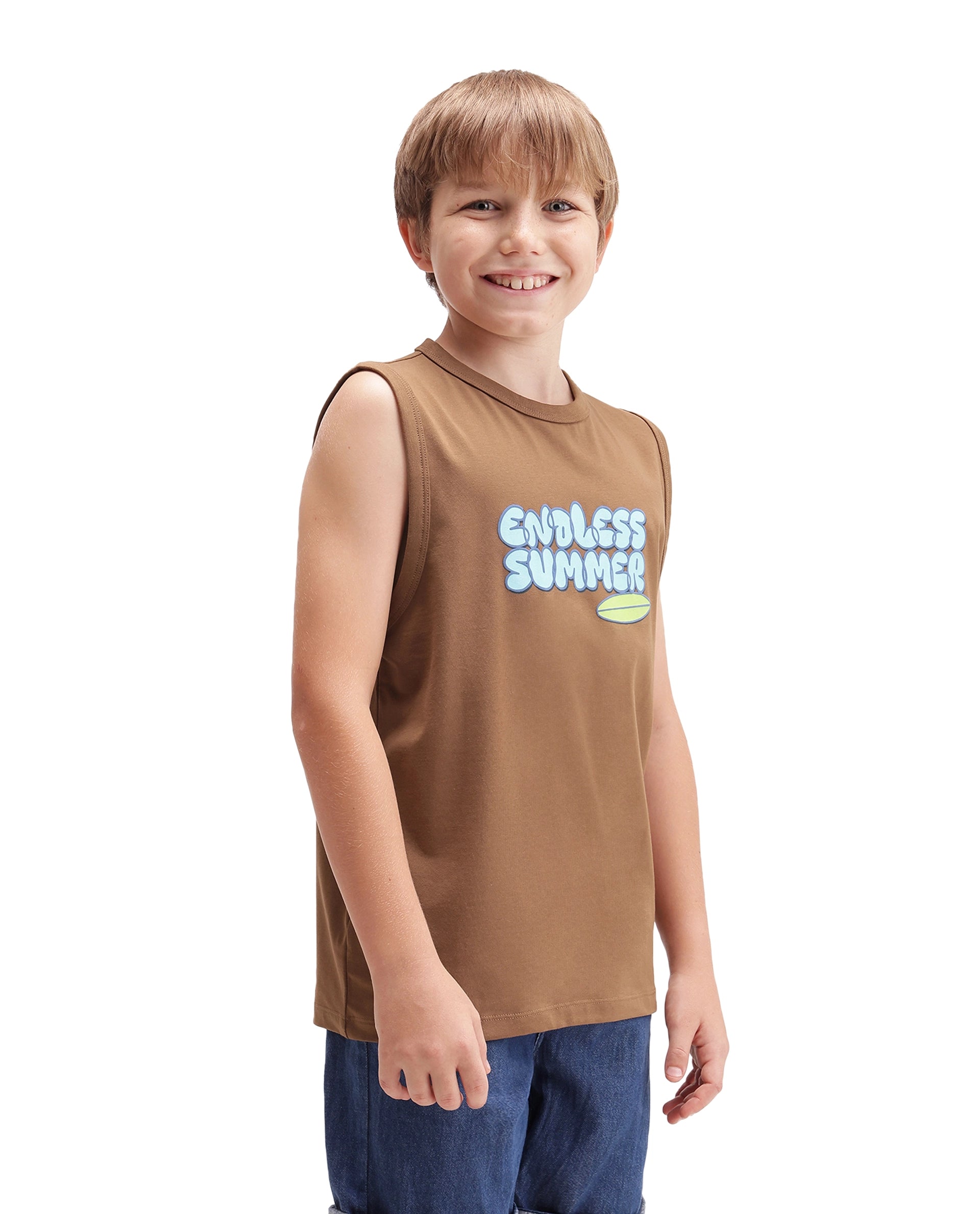 Rare Ones Kids Beck Brown Cotton Blend Fabric Pull-On Closure Tank Fit Graphic Print T-Shirt