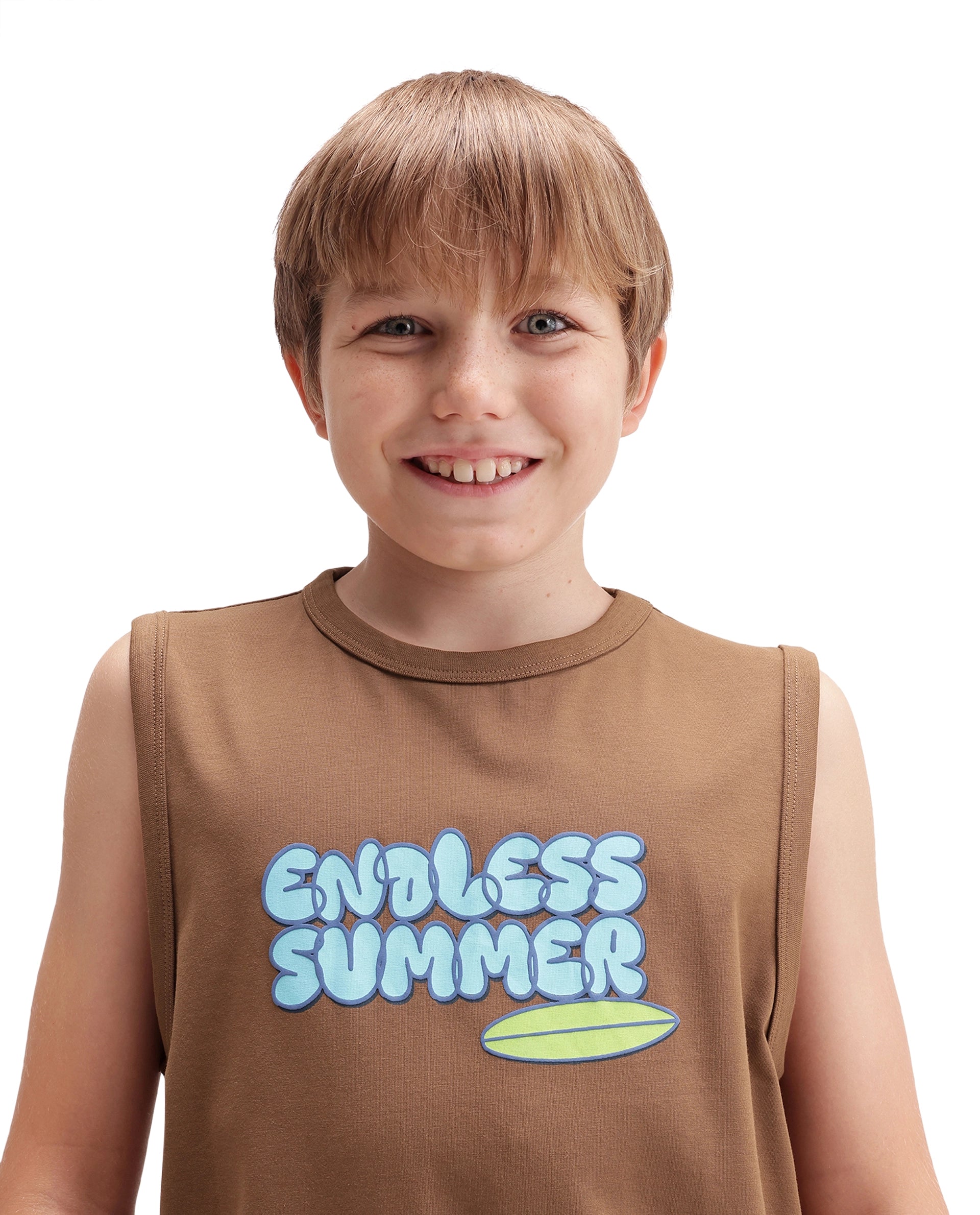 Rare Ones Kids Beck Brown Cotton Blend Fabric Pull-On Closure Tank Fit Graphic Print T-Shirt