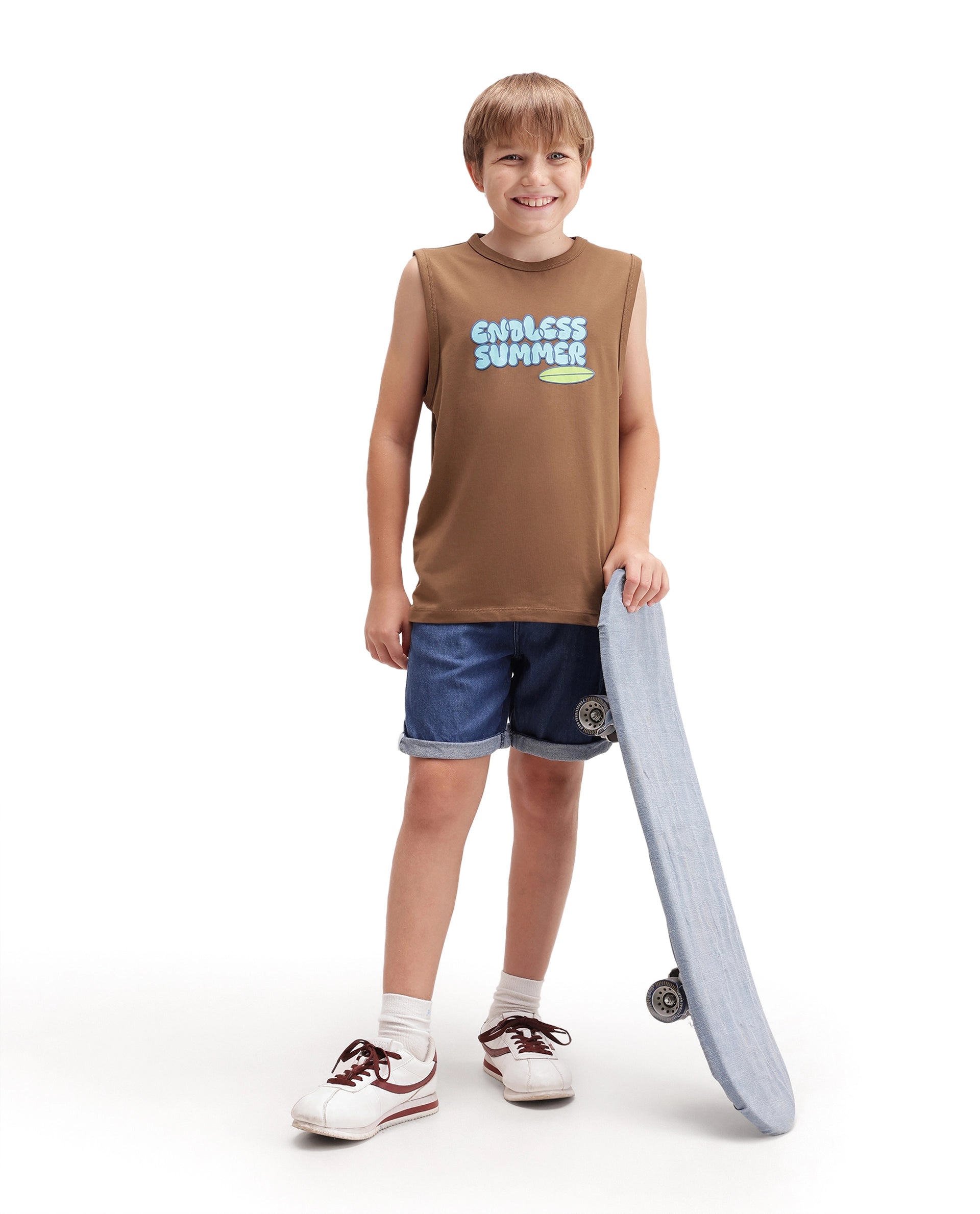 Rare Ones Kids Beck Brown Cotton Blend Fabric Pull-On Closure Tank Fit Graphic Print T-Shirt