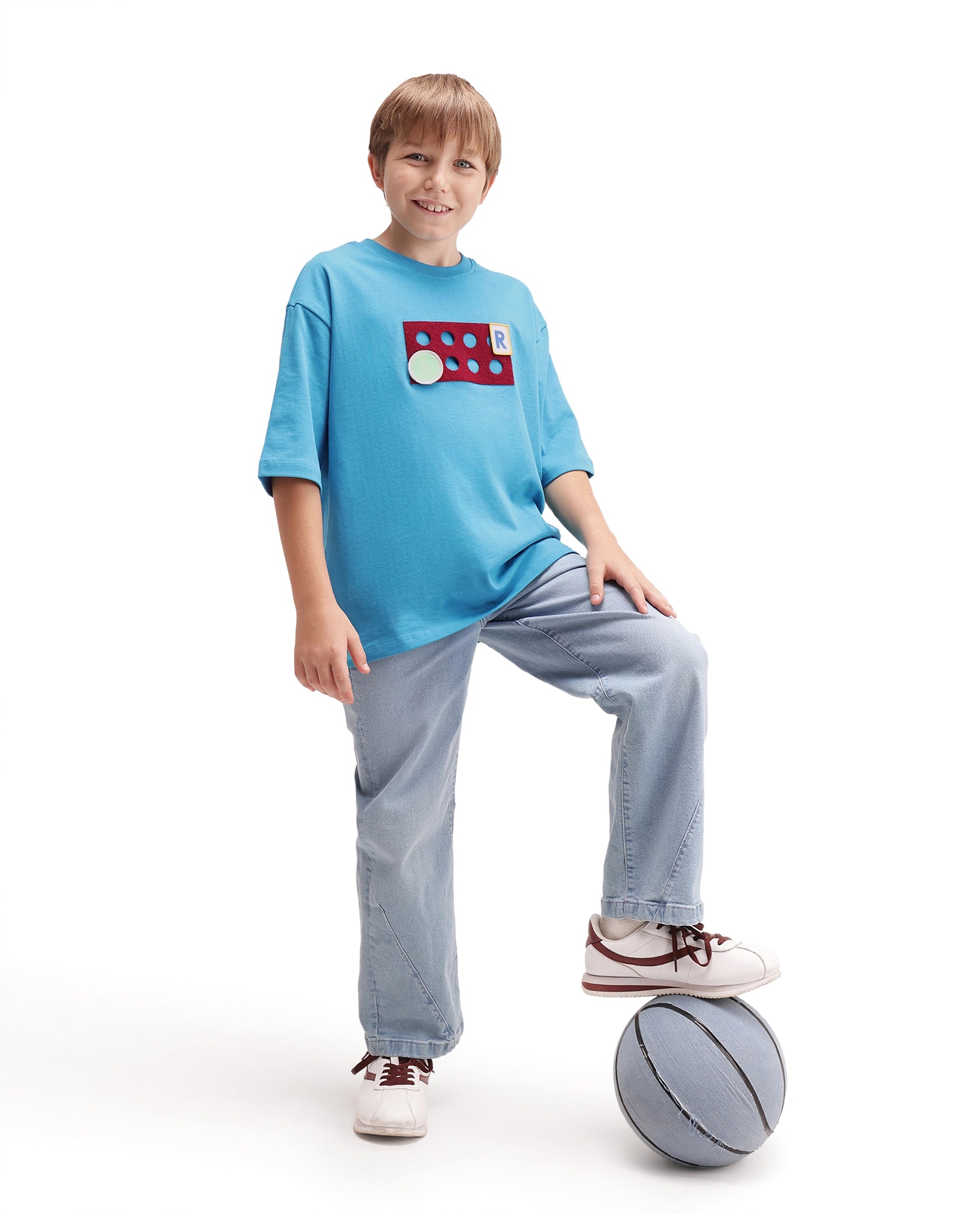 Rare Ones Kids Legon Teal Cotton Fabric Pull-On Closure Oversized Graphic Print T-Shirt