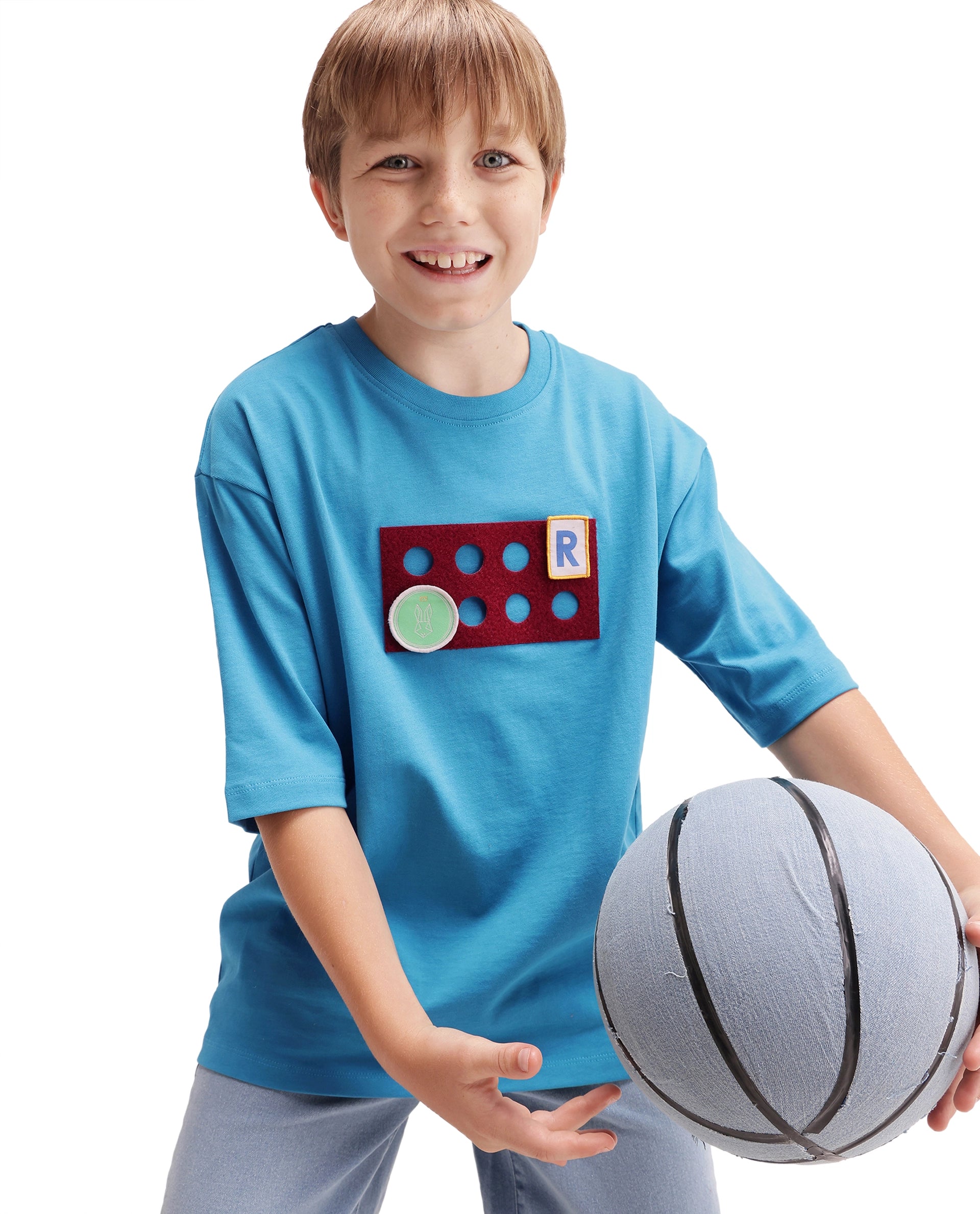 Rare Ones Kids Legon Teal Cotton Fabric Pull-On Closure Oversized Graphic Print T-Shirt