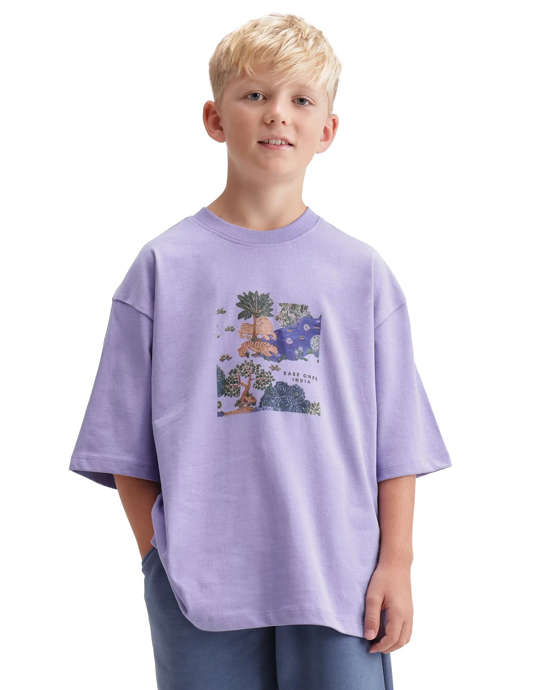 Rare Ones Kids Tanz-K Light Purple Cotton Fabric Pull-On Closure Oversized Graphic Print T-Shirt