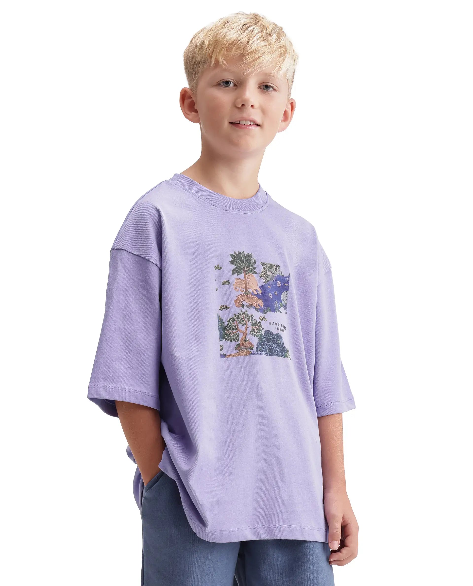 Rare Ones Kids Tanz-K Light Purple Cotton Fabric Pull-On Closure Oversized Graphic Print T-Shirt