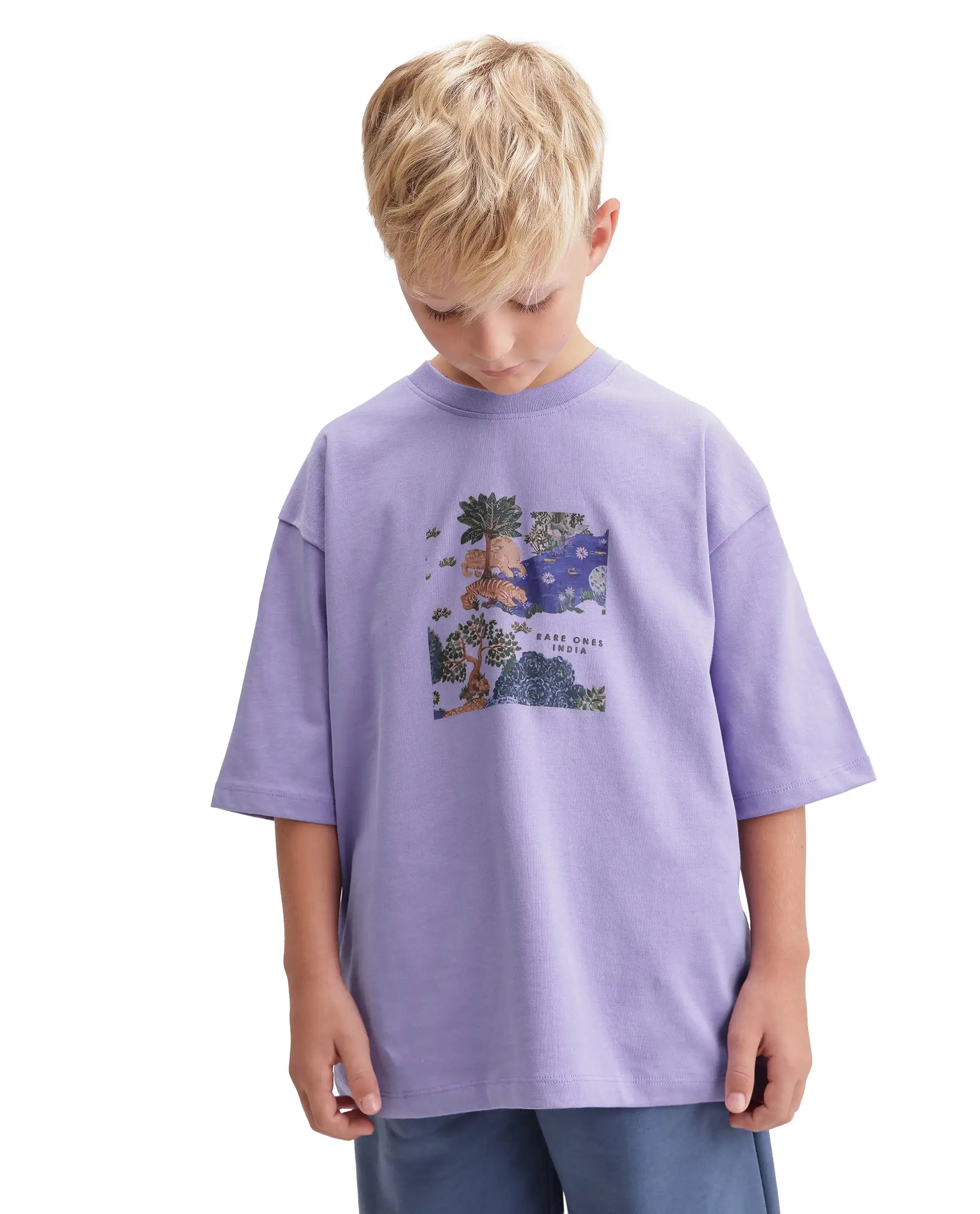 Rare Ones Kids Tanz-K Light Purple Cotton Fabric Pull-On Closure Oversized Graphic Print T-Shirt