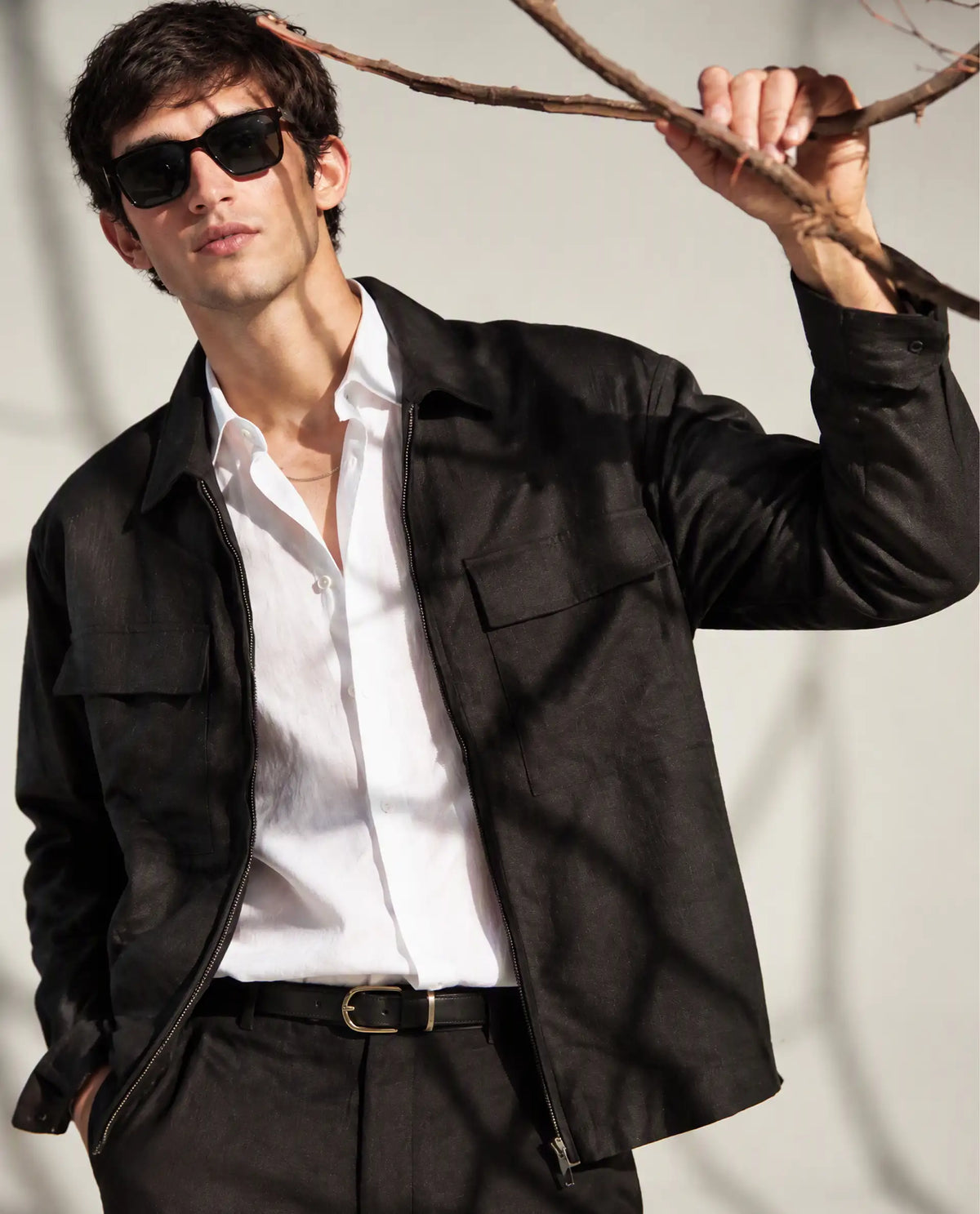 Rare Rabbit Men's Jomo-T-Aw26 Black Linen Blend Spread Collar Zipper Regular Plain Shacket