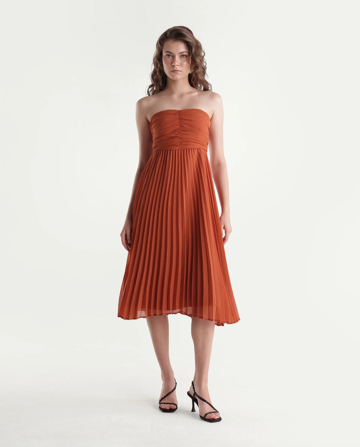 Rareism Women's Gilt Rust Polyester Elastic Fit And Flare Dress