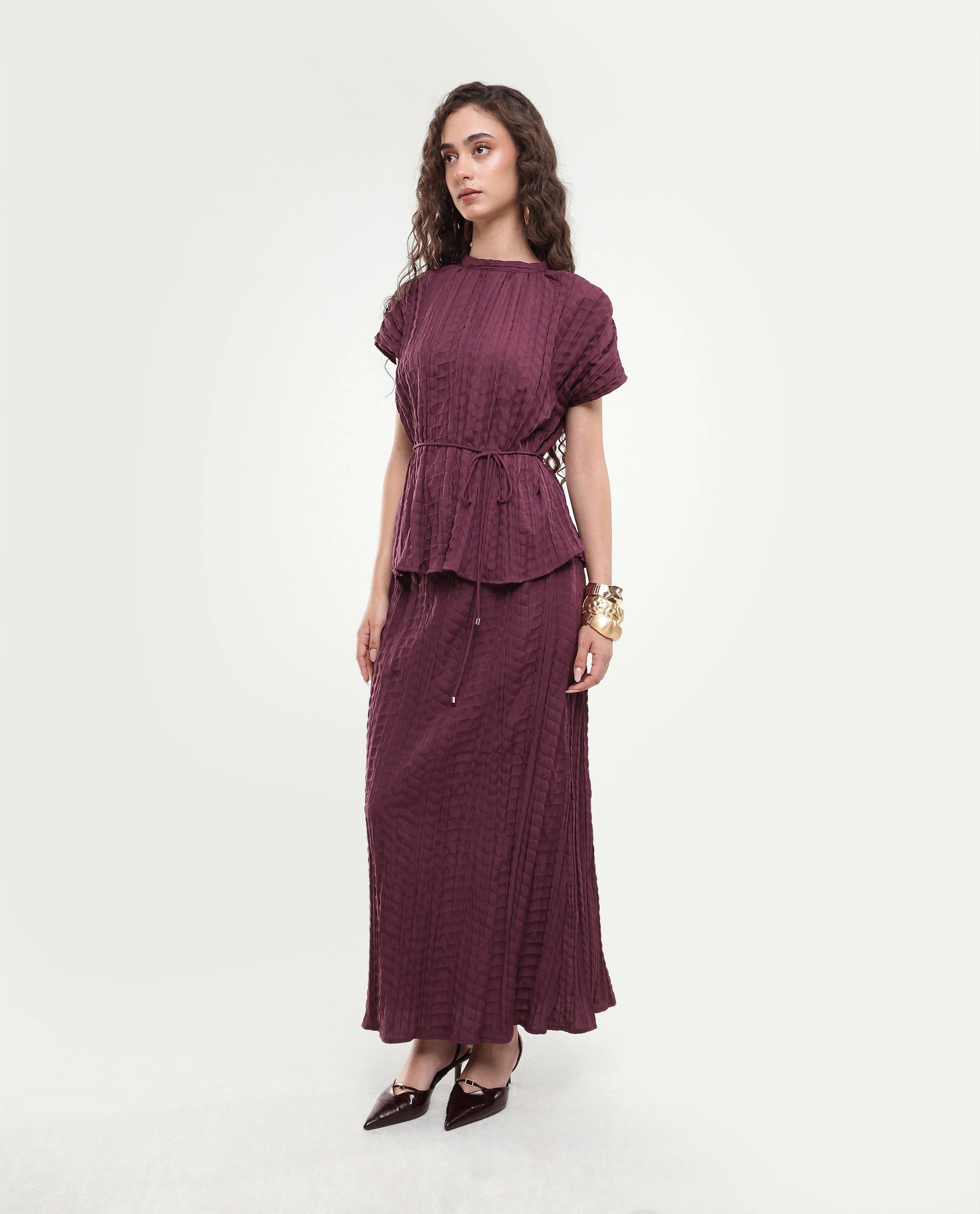 Rareism Women's Saco-B Dusky Purple Self Design Polyester Straight Maxi Skirt