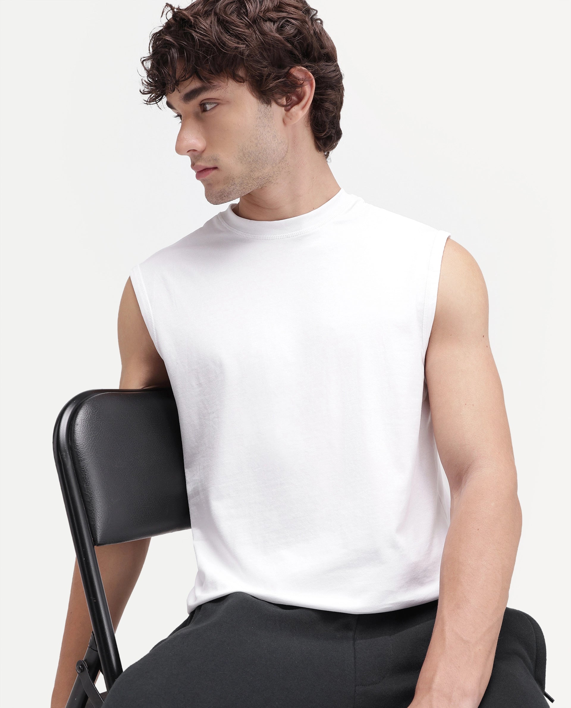 Rare Rabbit Men's Nats Light White Cotton Lycra Fabric Regular Fit Plain Stretchable Sleeveless Vest