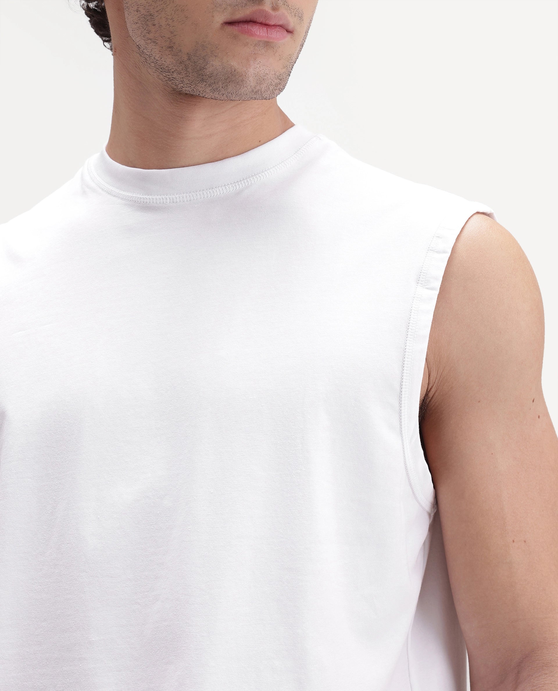 Rare Rabbit Men's Nats Light White Cotton Lycra Fabric Regular Fit Plain Stretchable Sleeveless Vest