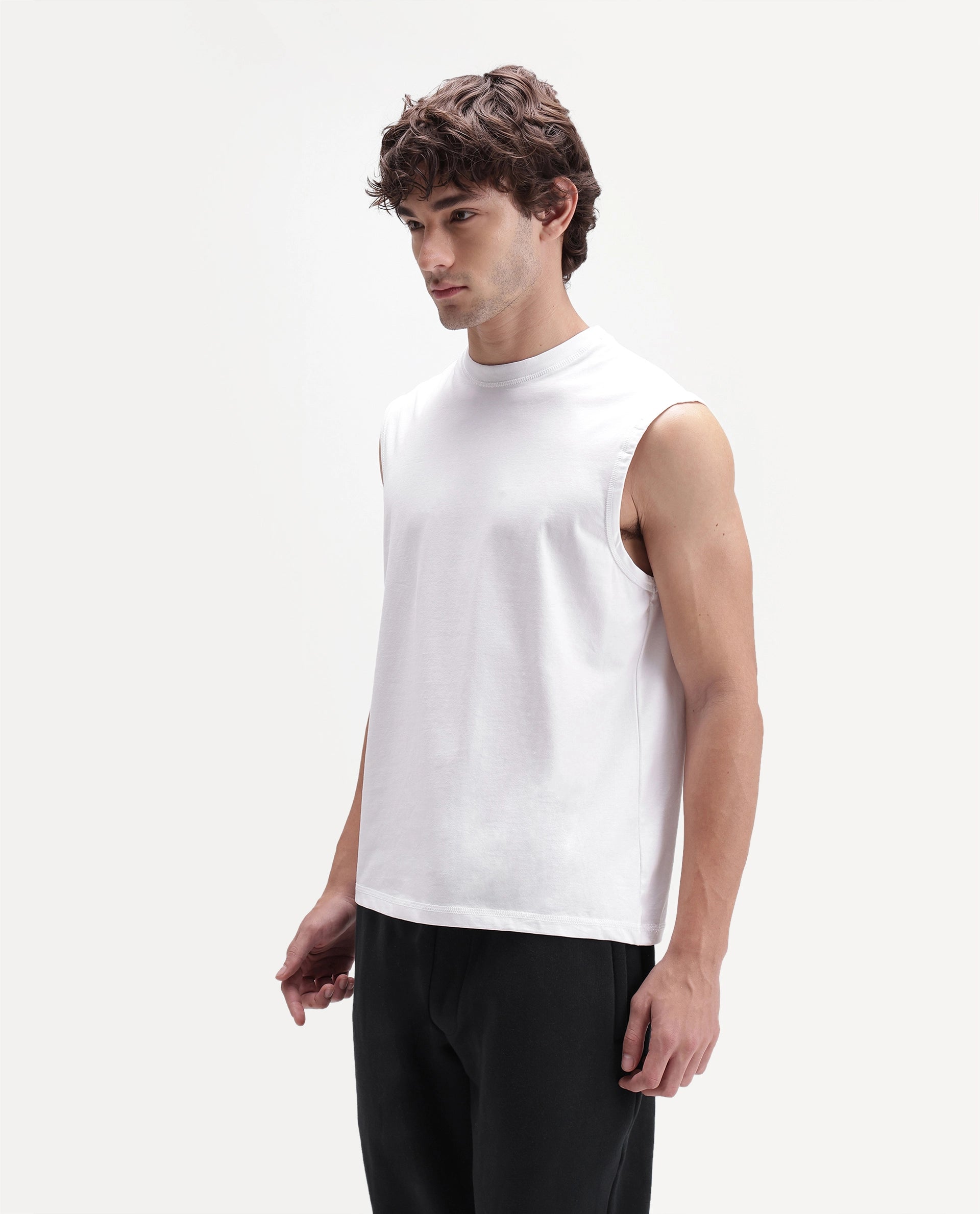 Rare Rabbit Men's Nats Light White Cotton Lycra Fabric Regular Fit Plain Stretchable Sleeveless Vest