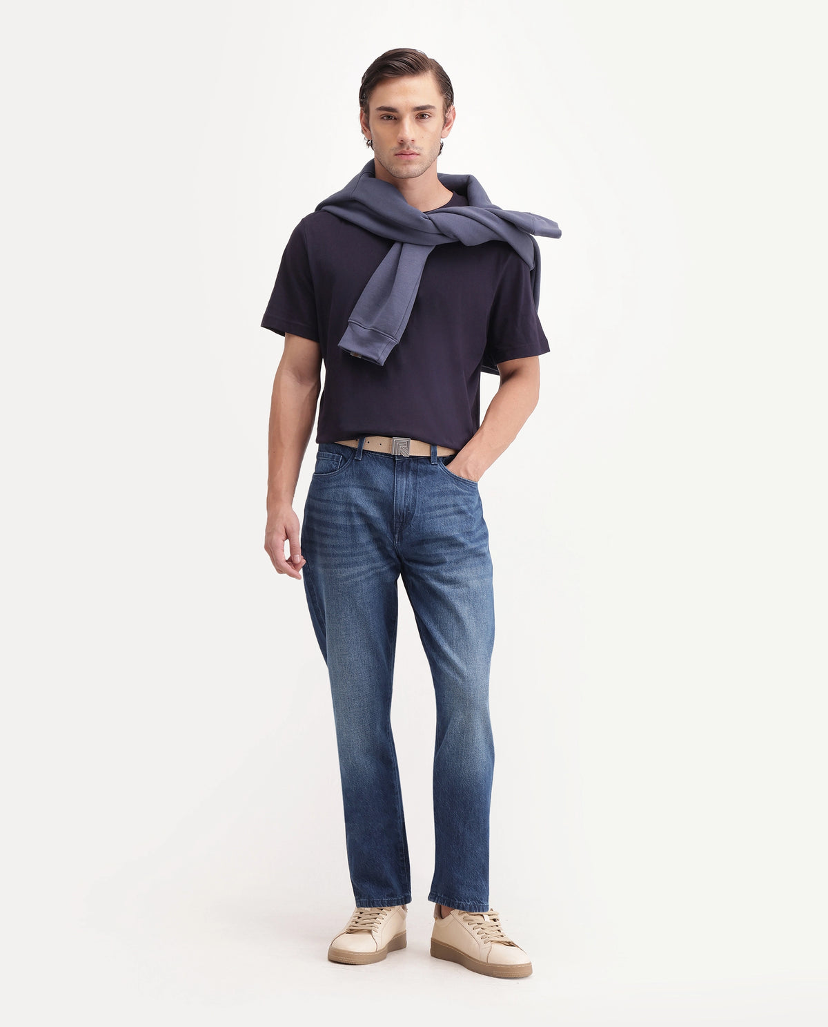 Rare Rabbit Men's Wolk 1 Primary Blue Cotton Kurt Carrot Plain Jeans