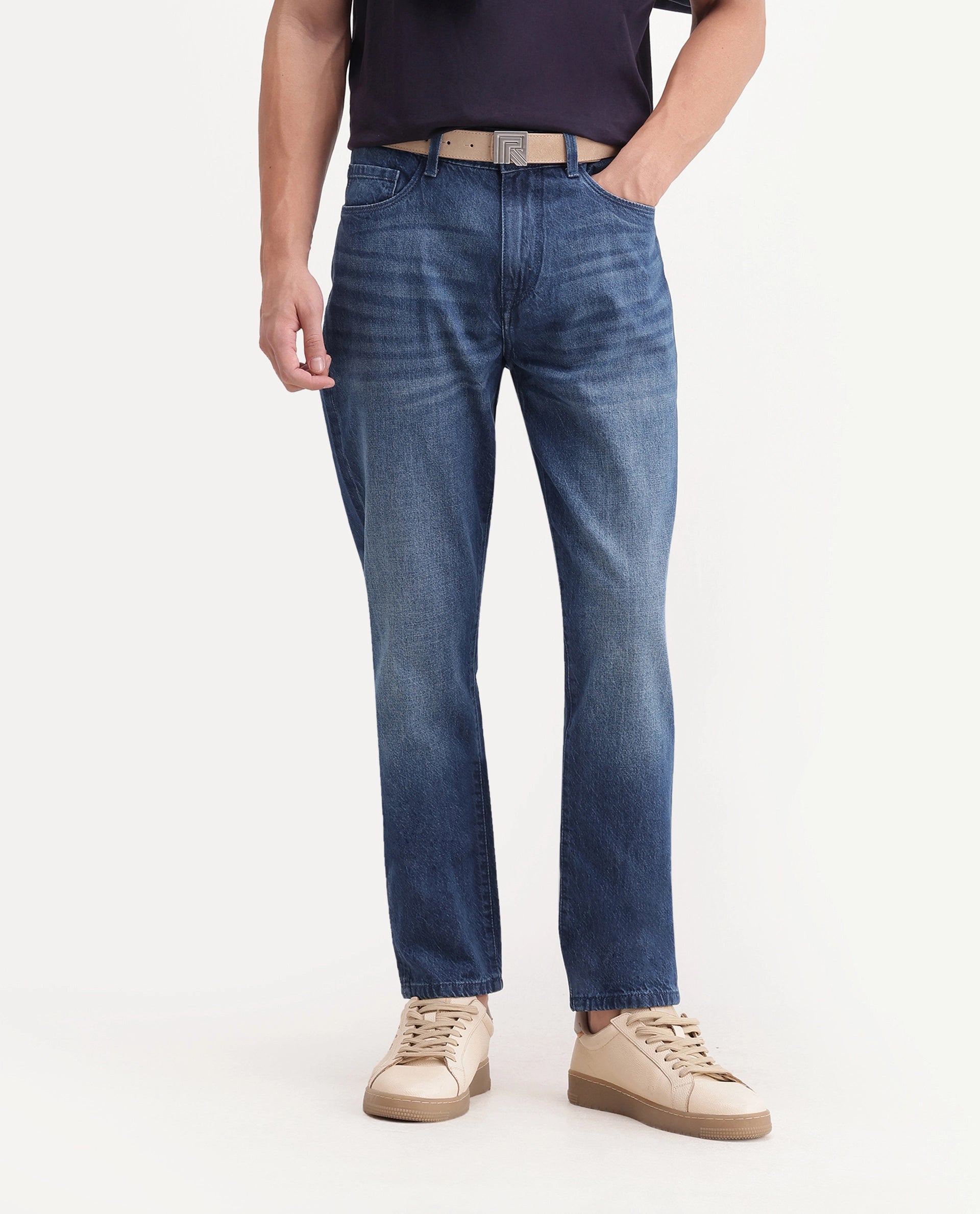 Rare Rabbit Men's Wolk 1 Primary Blue Cotton Kurt Carrot Plain Jeans