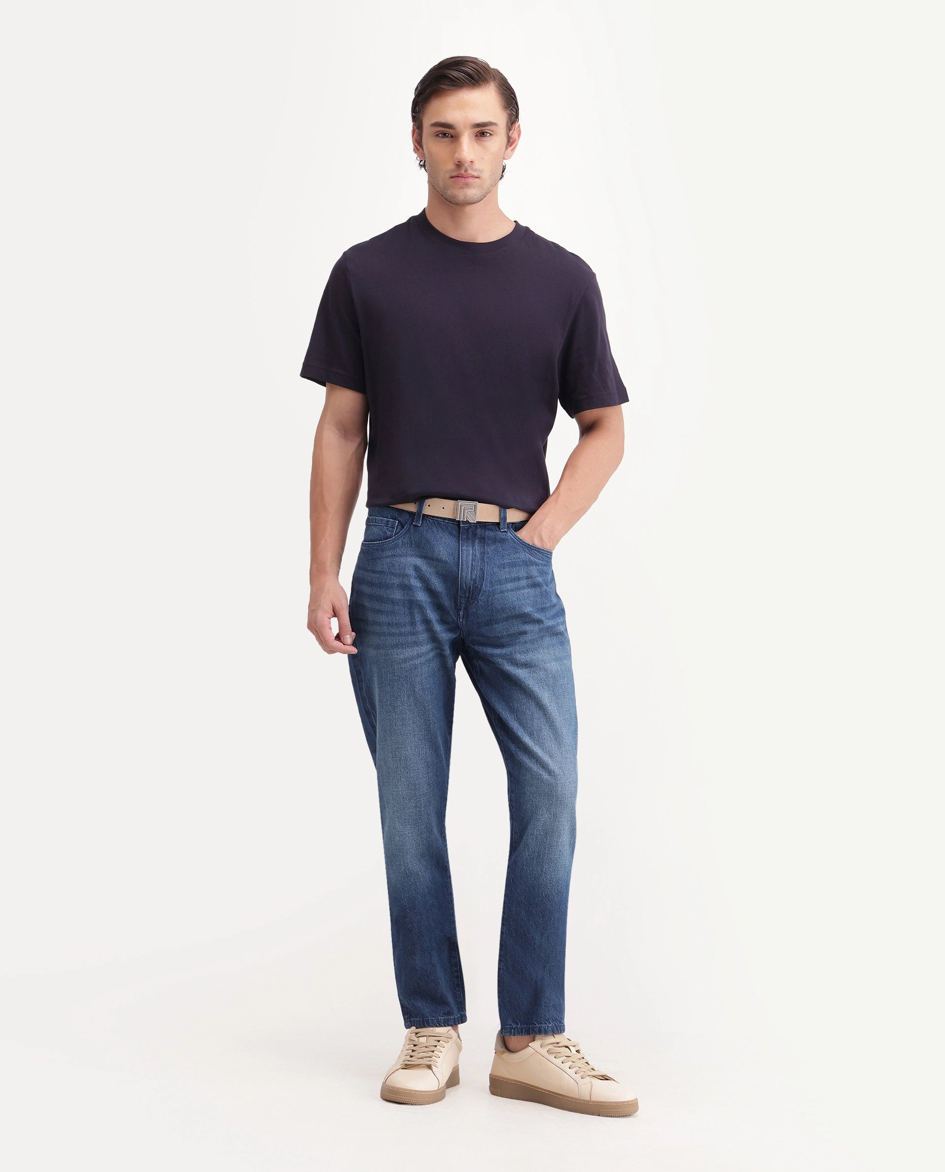 Rare Rabbit Men's Wolk 1 Primary Blue Cotton Kurt Carrot Plain Jeans