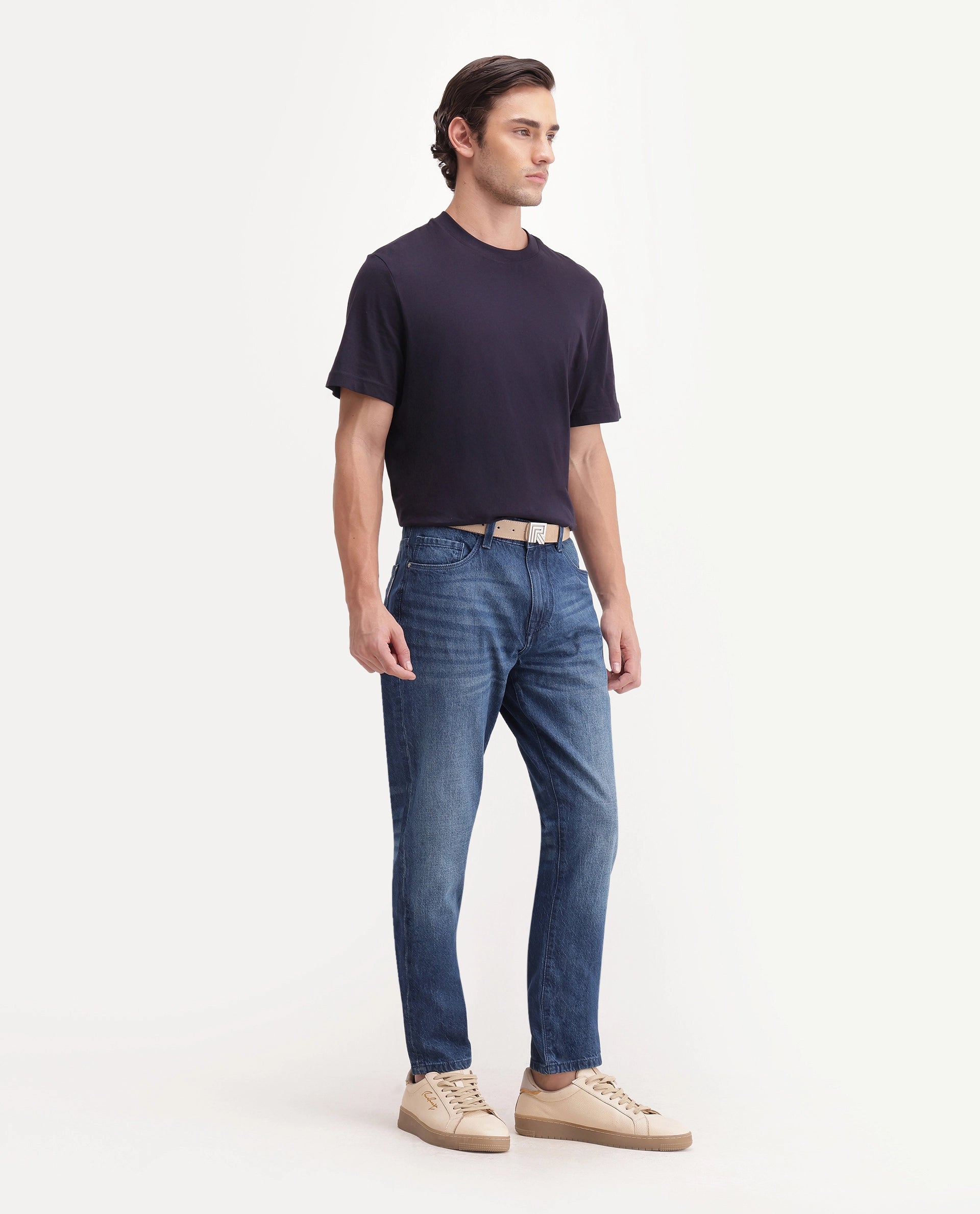 Rare Rabbit Men's Wolk 1 Primary Blue Cotton Kurt Carrot Plain Jeans