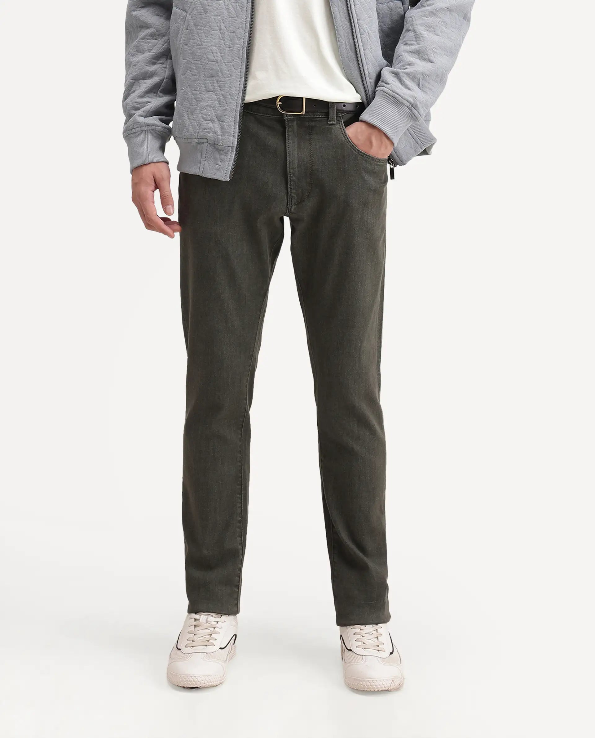 Rare Rabbit Men's Sobu Dusky Green Cotton Blend  Hawk Slim Plain Jeans
