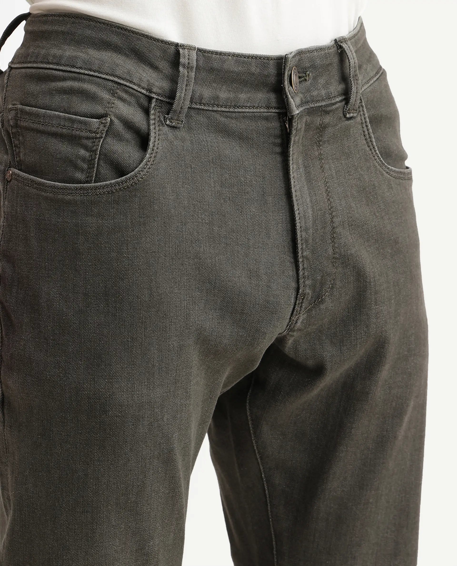 Rare Rabbit Men's Sobu Dusky Green Cotton Blend  Hawk Slim Plain Jeans