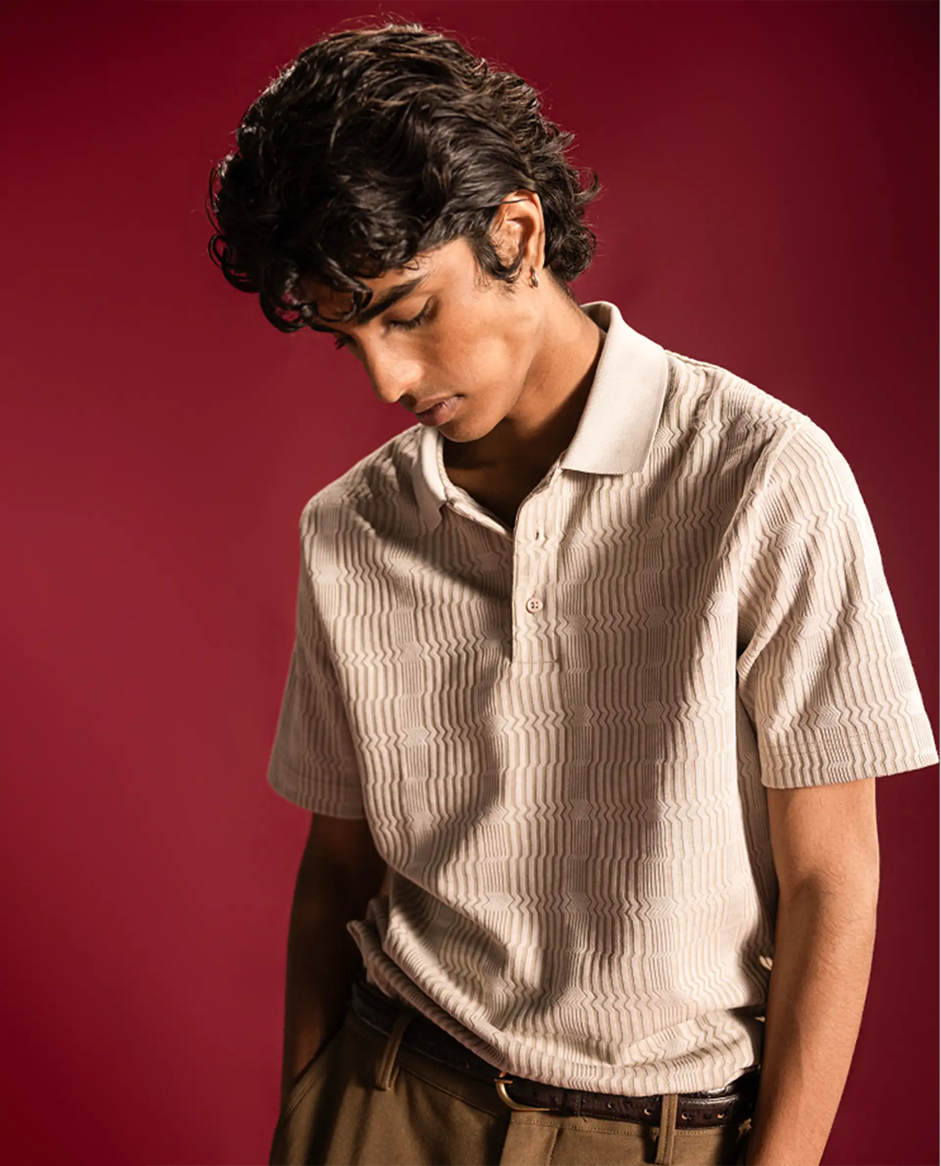 Rare Rabbit Men's Jacks Off White Cotton Blend Spread Collar Regular Jacquard Polo