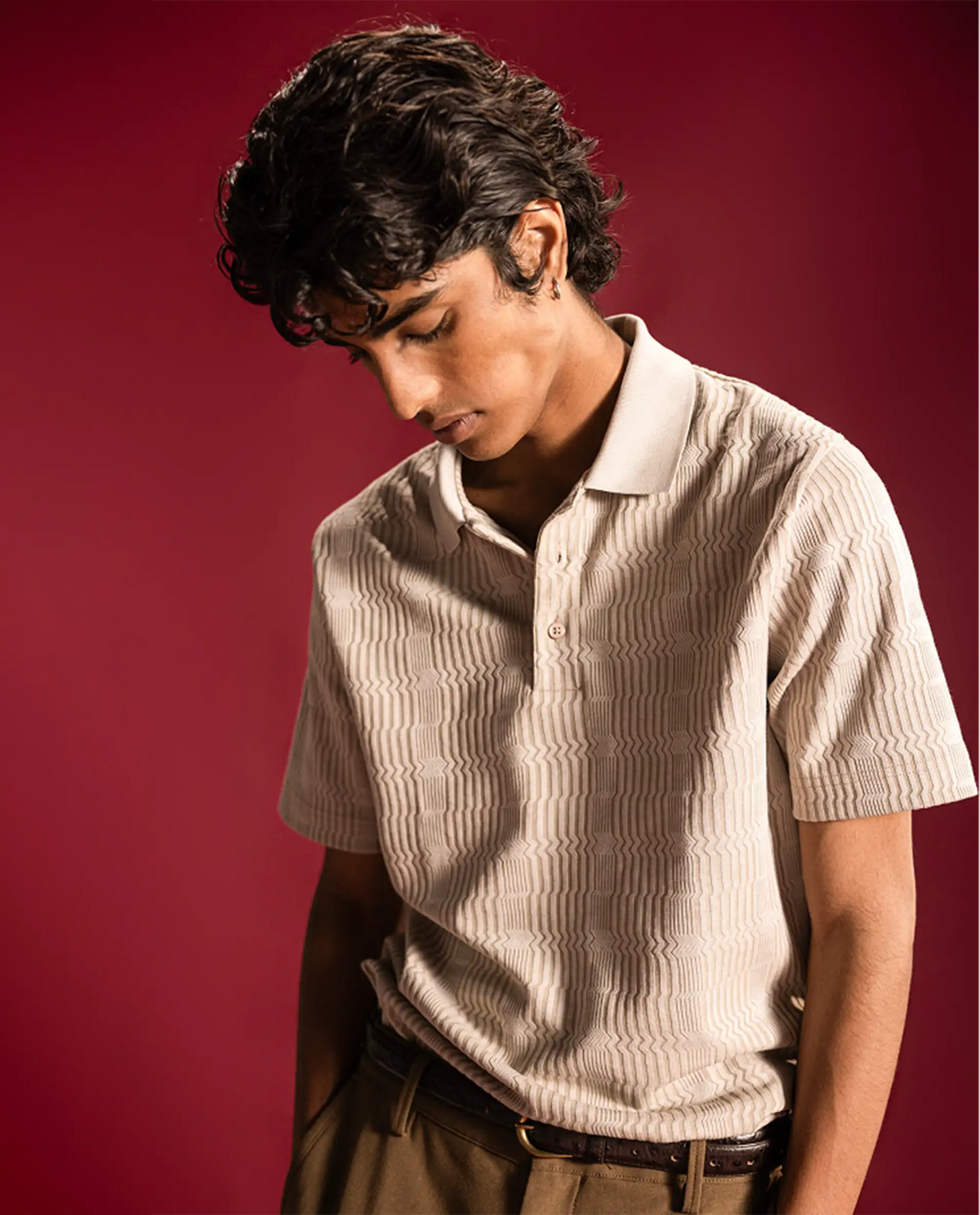 Rare Rabbit Men's Jacks Off White Cotton Blend Spread Collar Regular Jacquard Polo