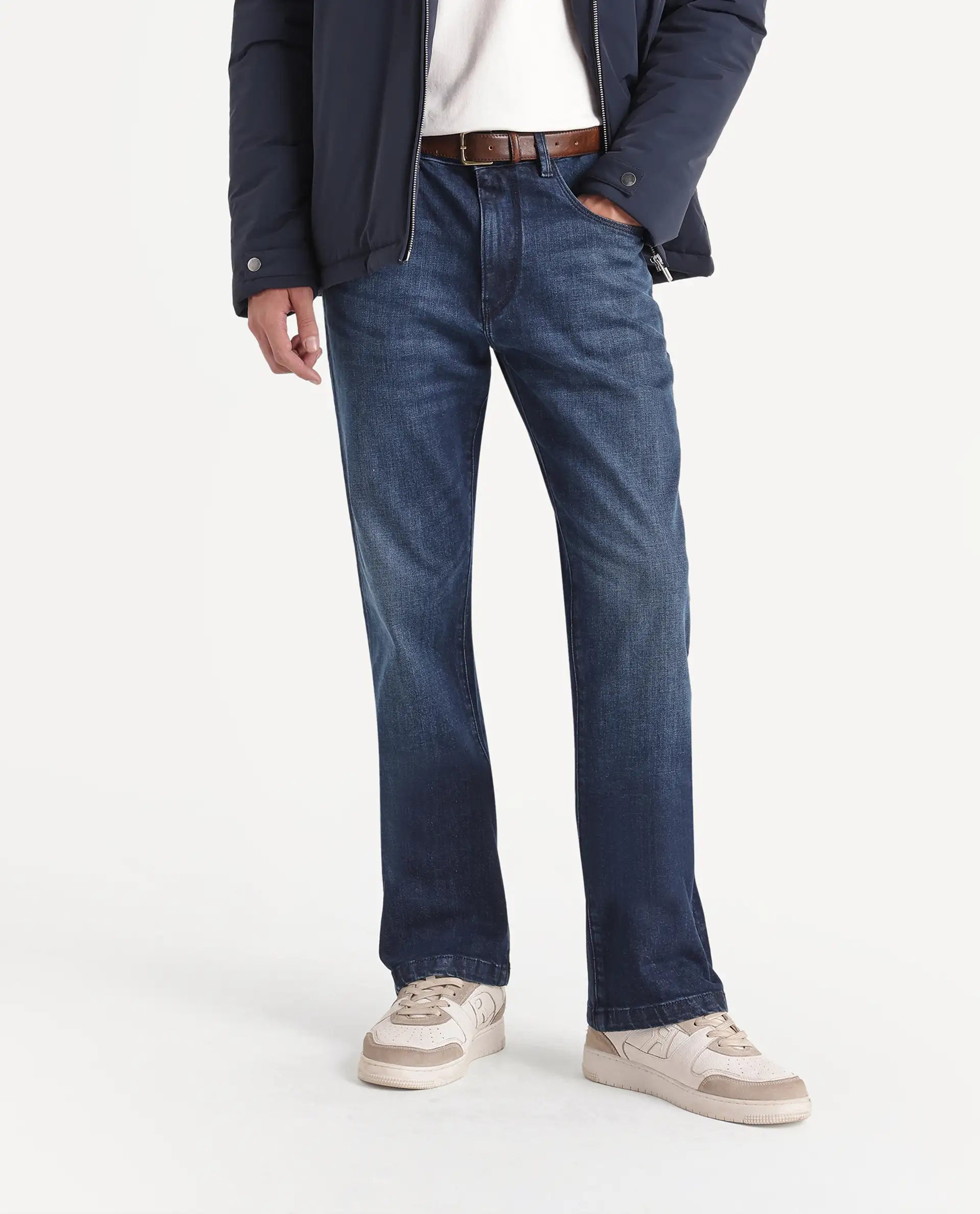 Rare Rabbit Men's Daco Blue Cotton Blend Knox Bootcut Plain Jeans