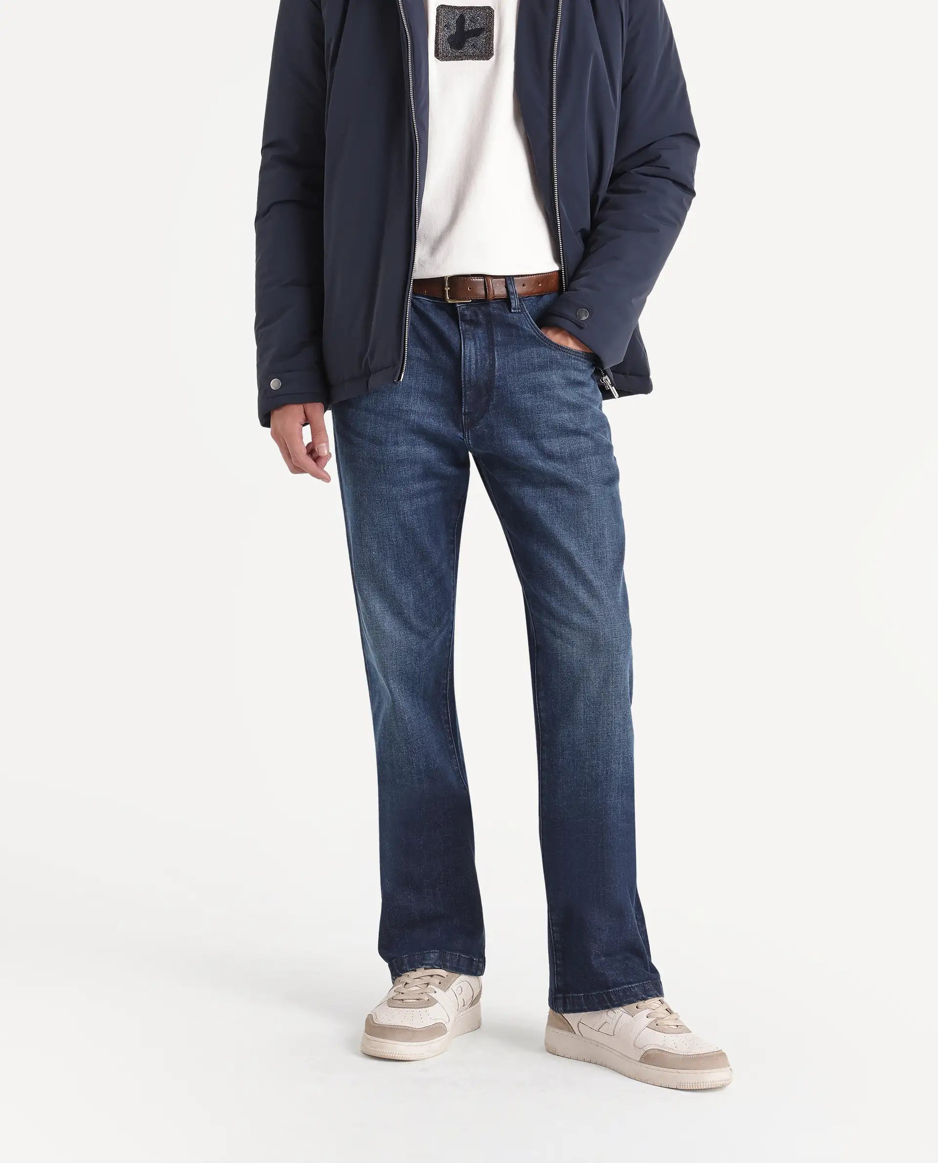 Rare Rabbit Men's Daco Blue Cotton Blend Knox Bootcut Plain Jeans