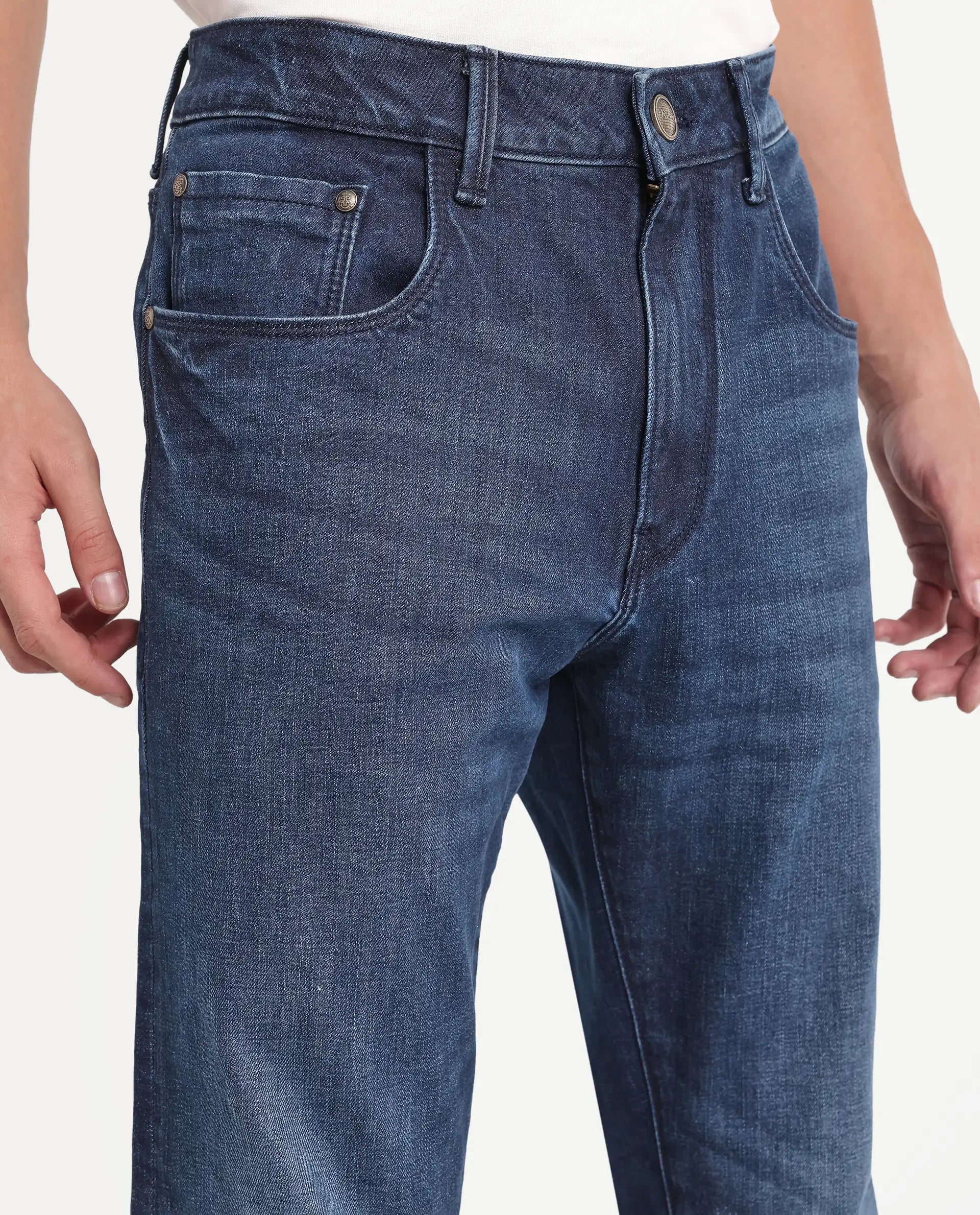 Rare Rabbit Men's Daco Blue Cotton Blend Knox Bootcut Plain Jeans