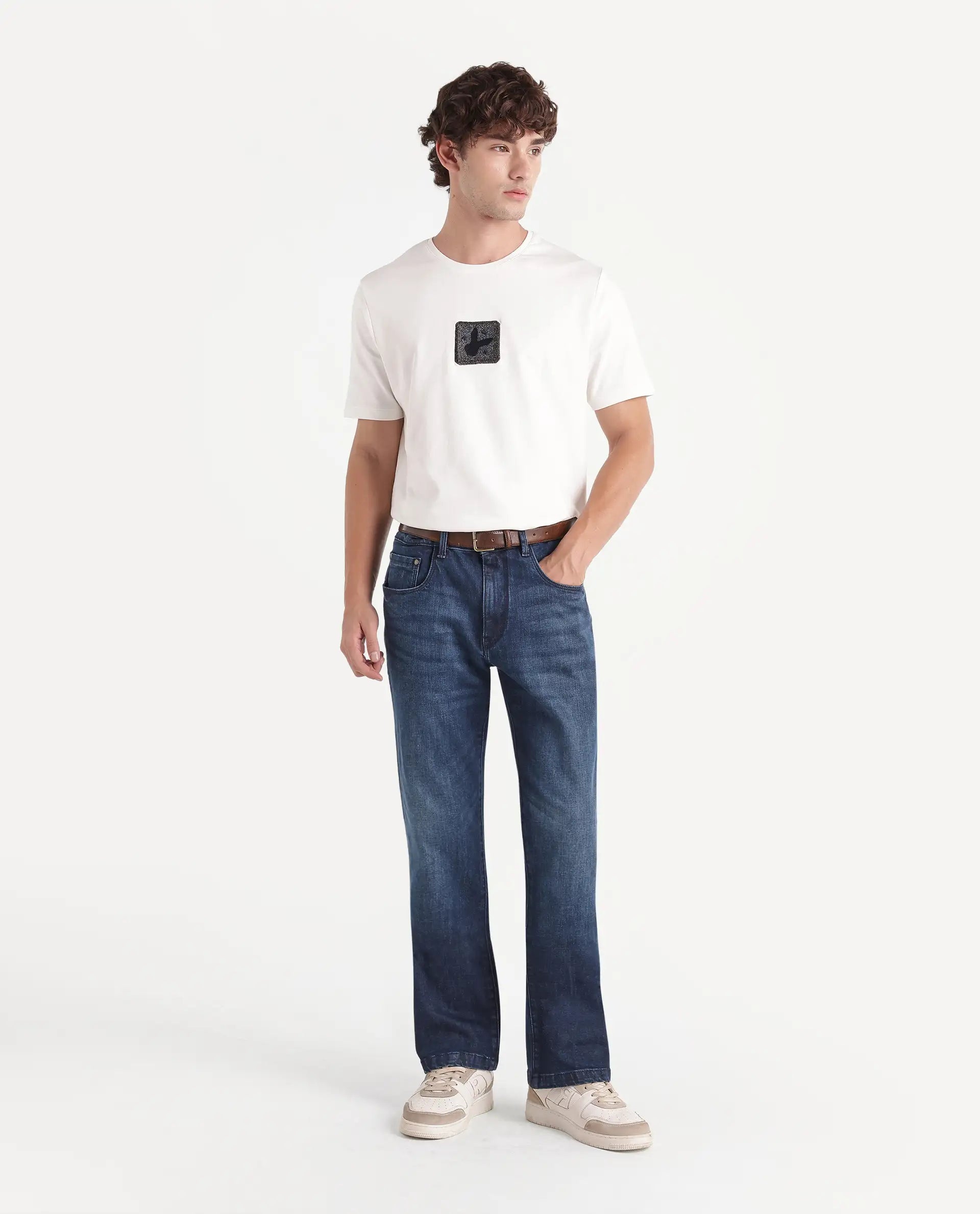 Rare Rabbit Men's Daco Blue Cotton Blend Knox Bootcut Plain Jeans
