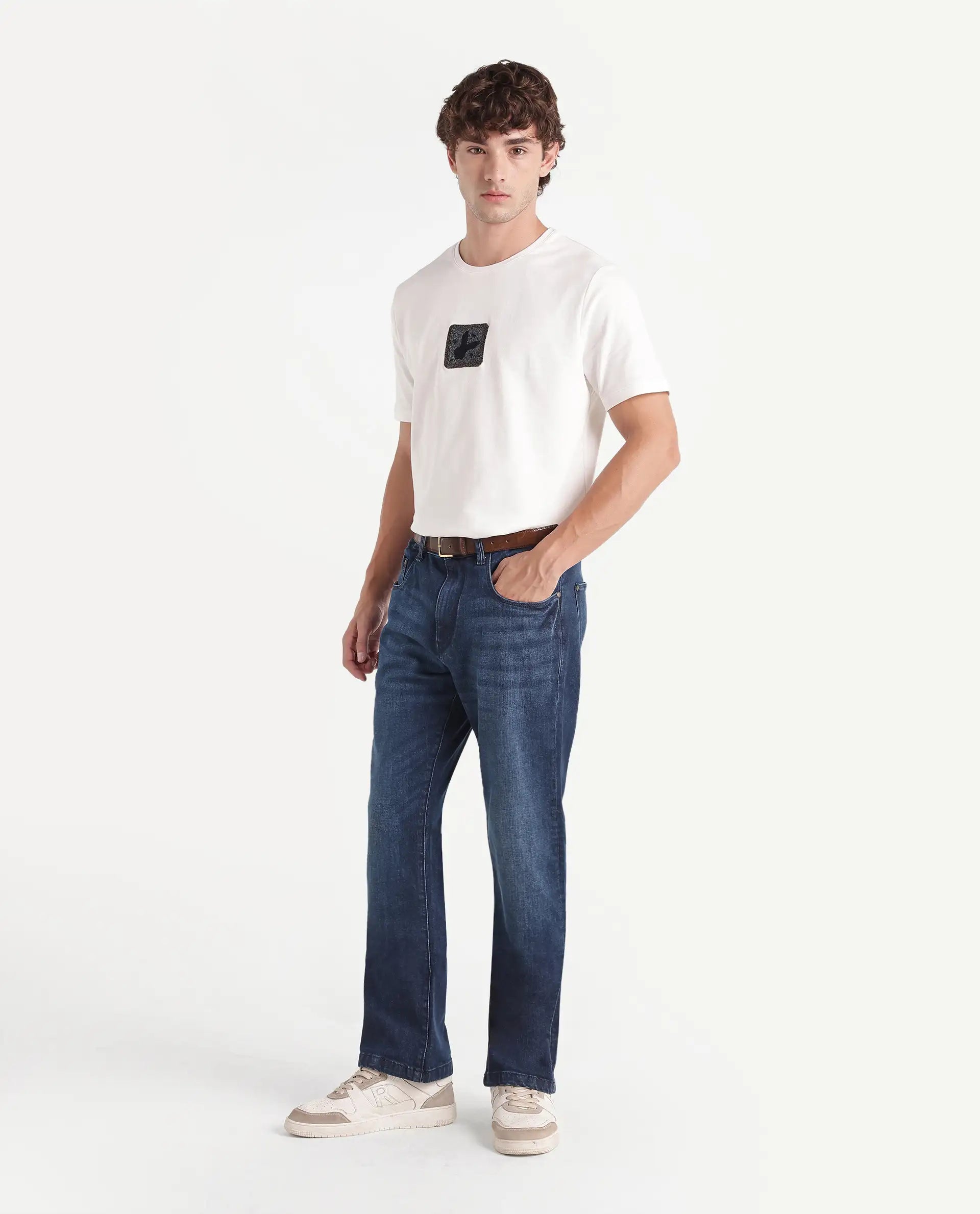Rare Rabbit Men's Daco Blue Cotton Blend Knox Bootcut Plain Jeans