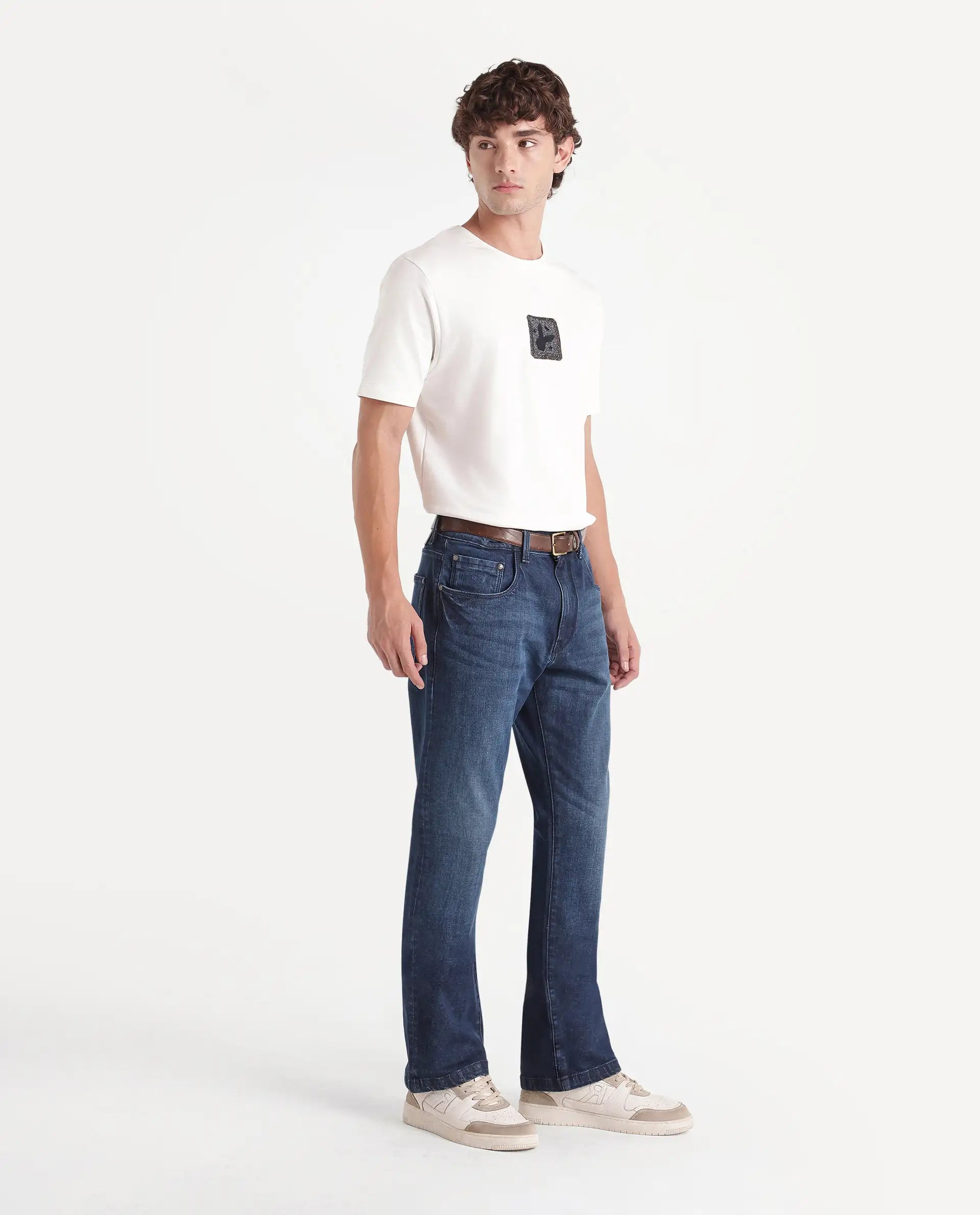 Rare Rabbit Men's Daco Blue Cotton Blend Knox Bootcut Plain Jeans