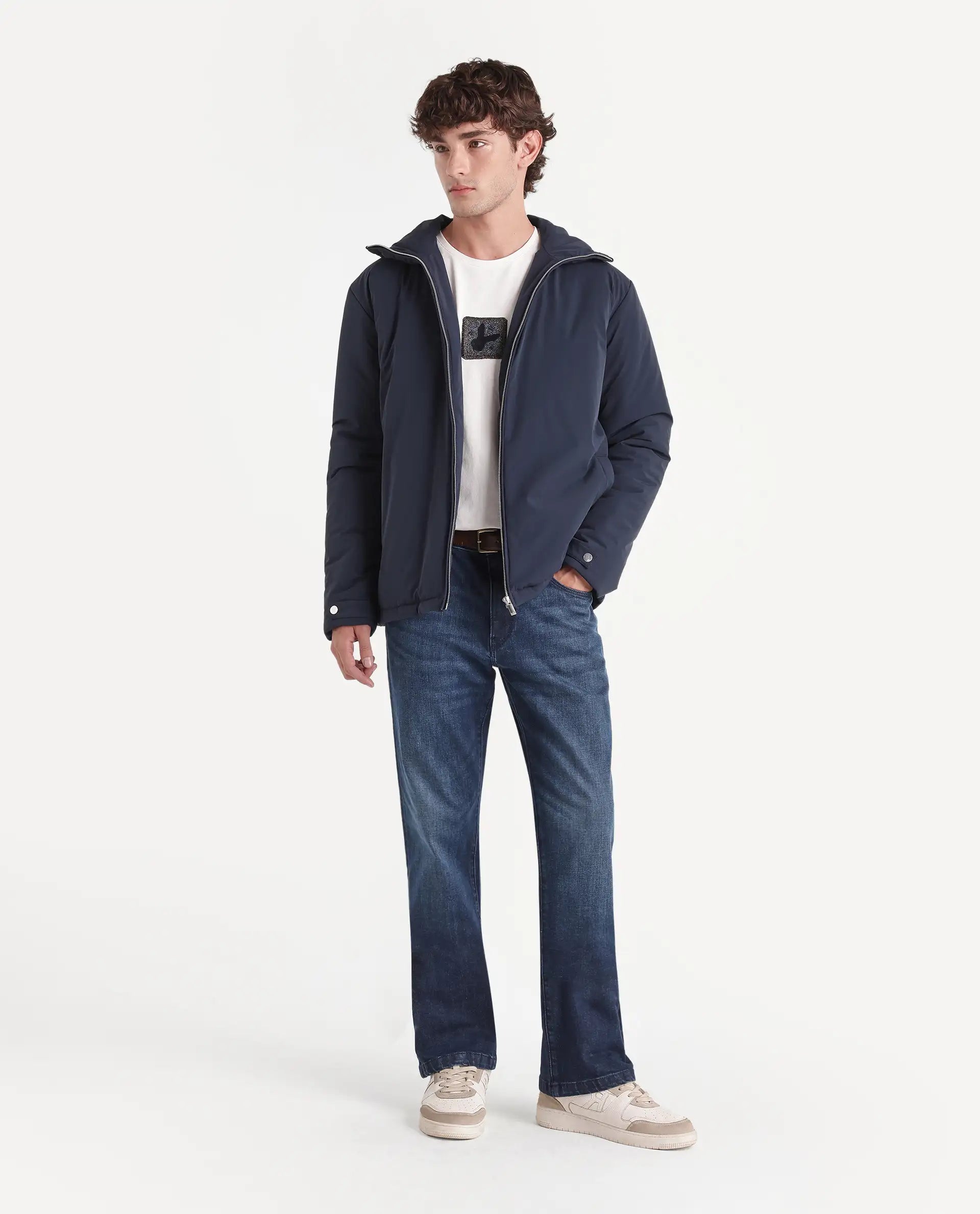 Rare Rabbit Men's Daco Blue Cotton Blend Knox Bootcut Plain Jeans