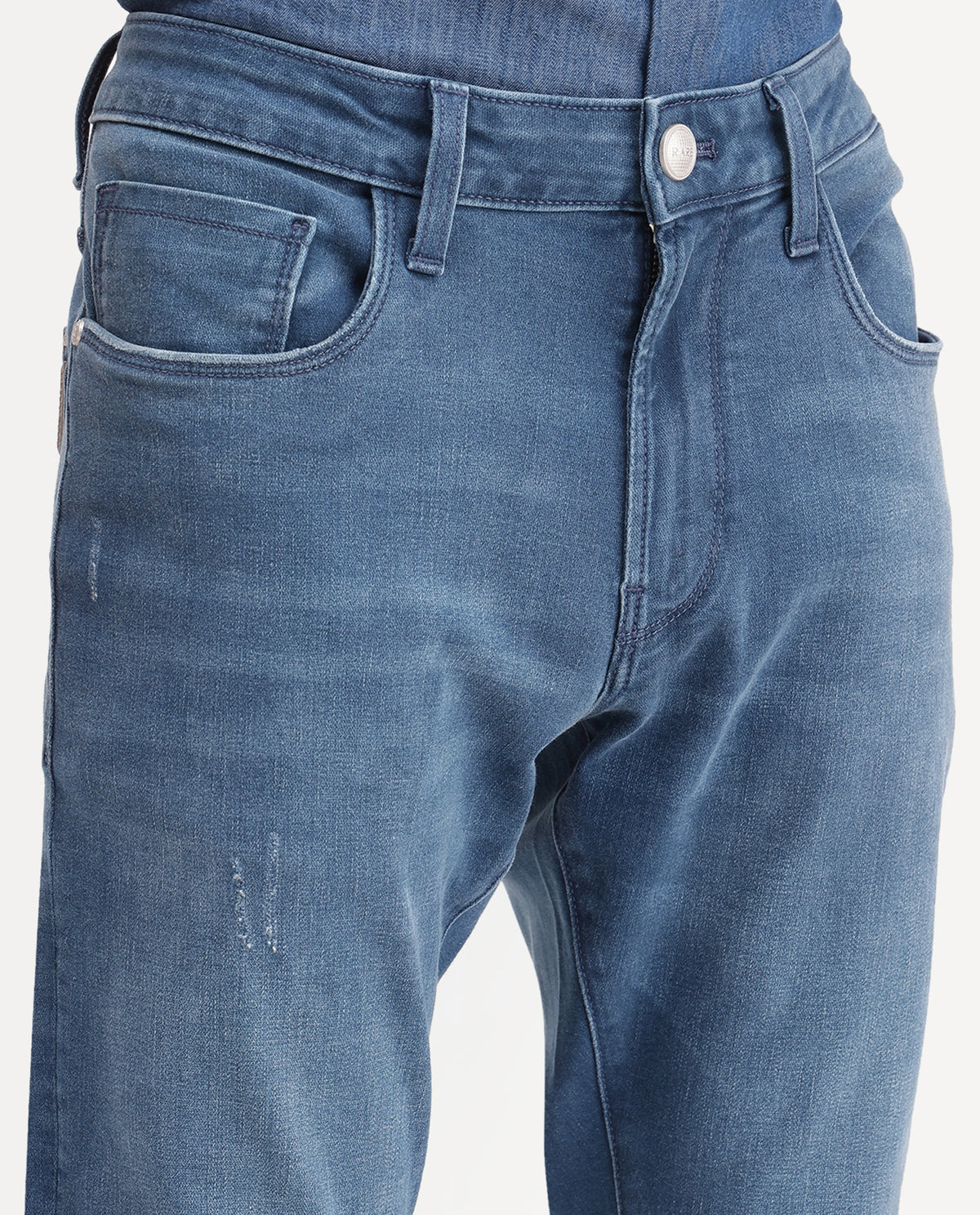 Rare Rabbit Men's Slig 2 Light Blue Cotton Blend Hawk Slim Plain Jeans