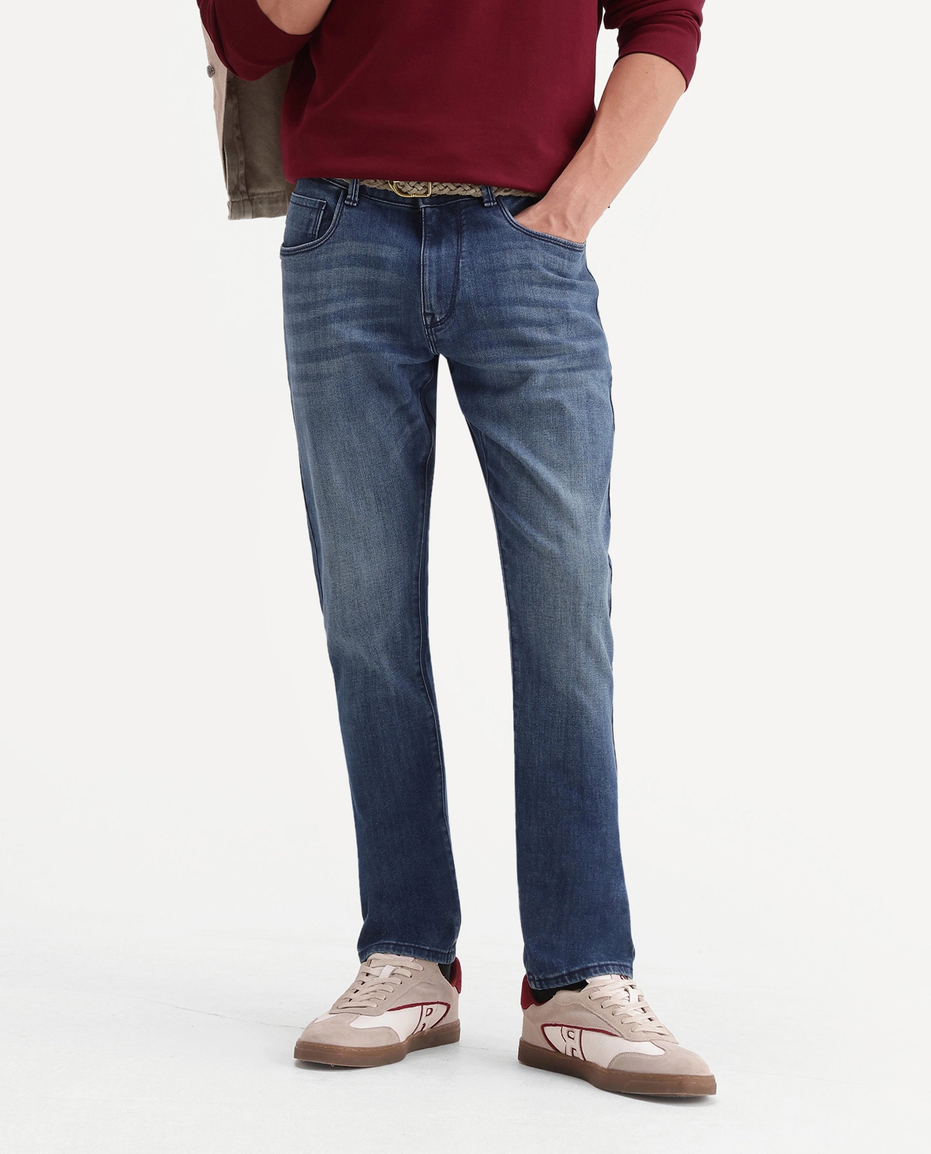 Rare Rabbit Men's Mod Blue Cotton Blend Hawk Slim Plain Jeans