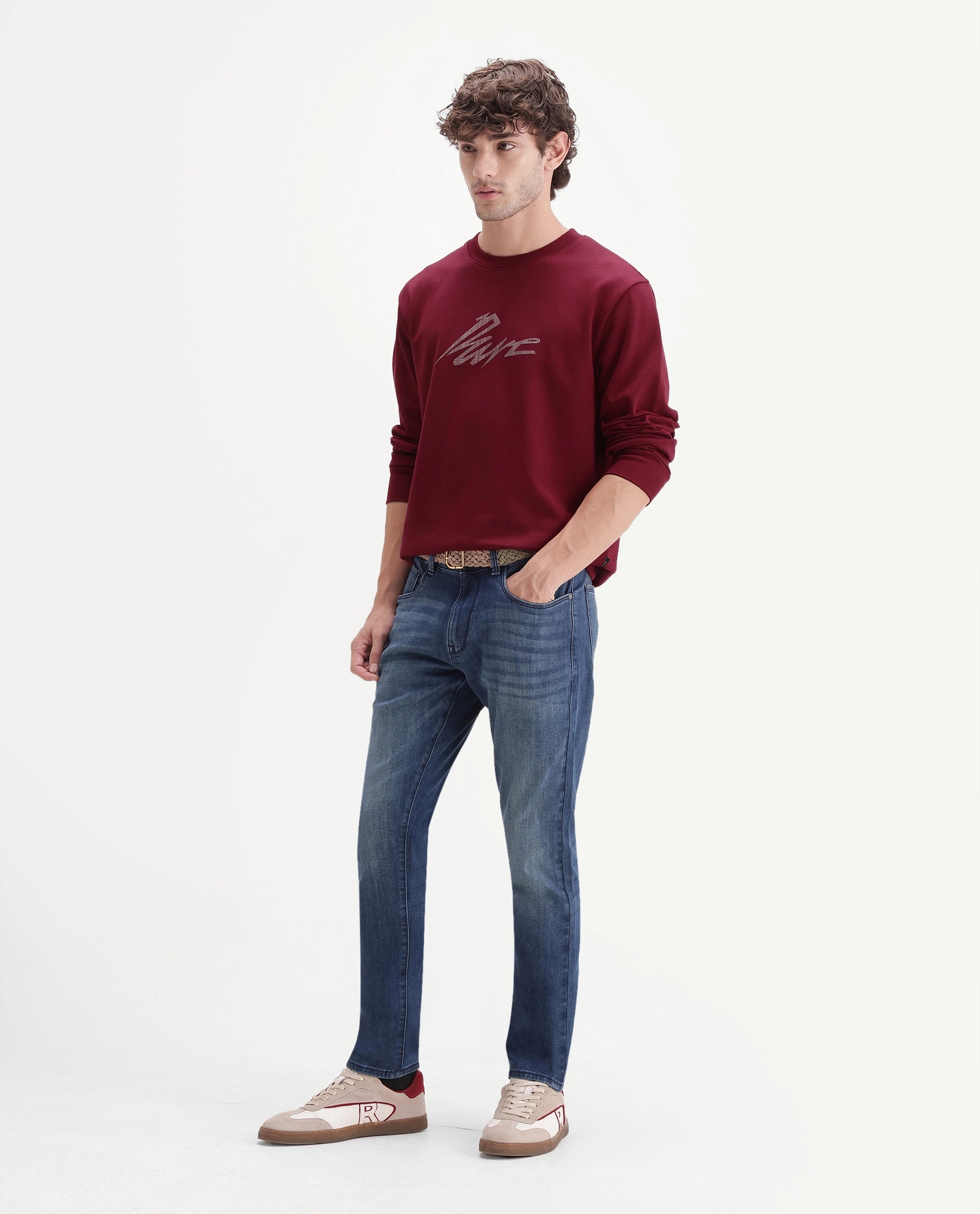 Rare Rabbit Men's Mod Blue Cotton Blend Hawk Slim Plain Jeans