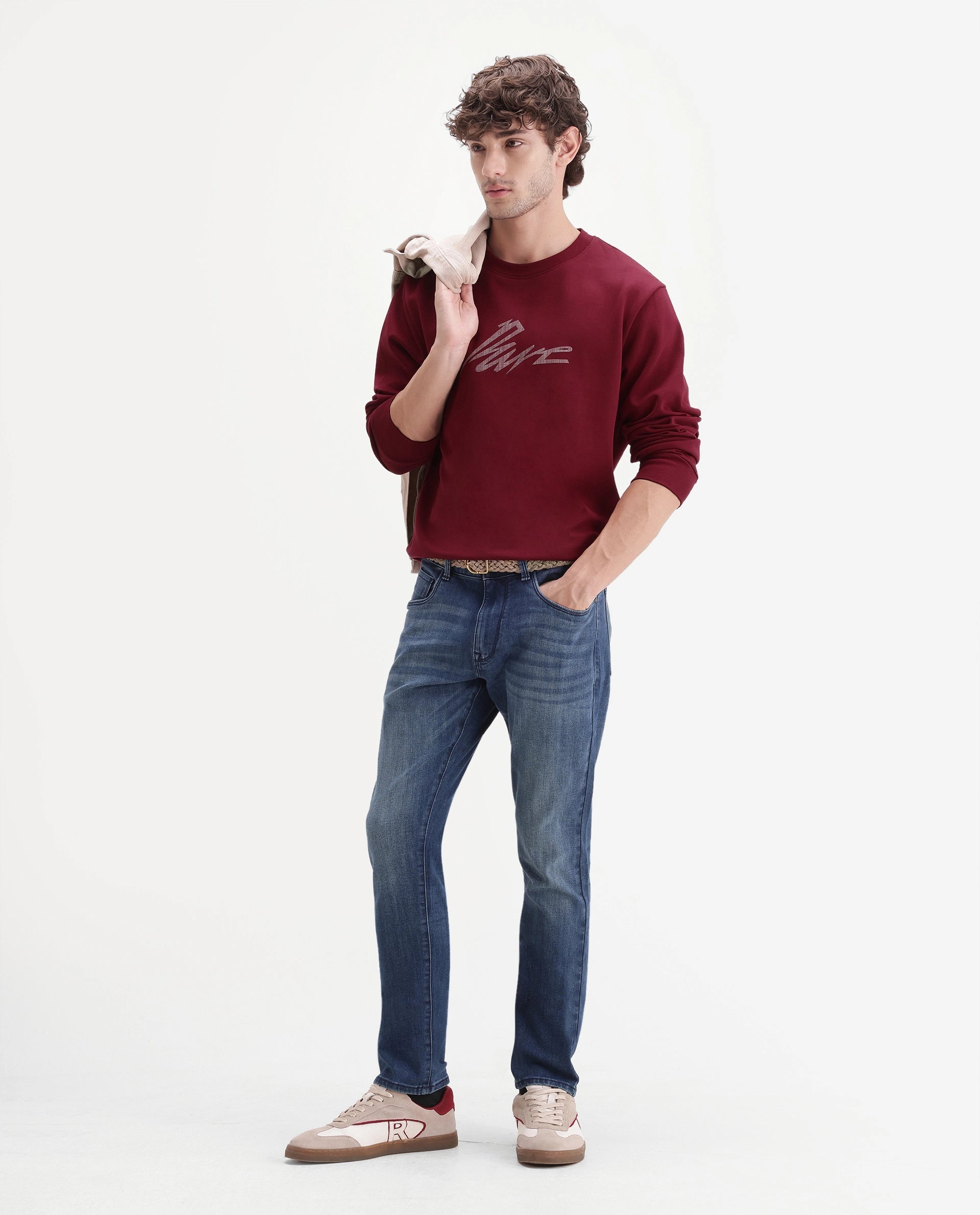 Rare Rabbit Men's Mod Blue Cotton Blend Hawk Slim Plain Jeans