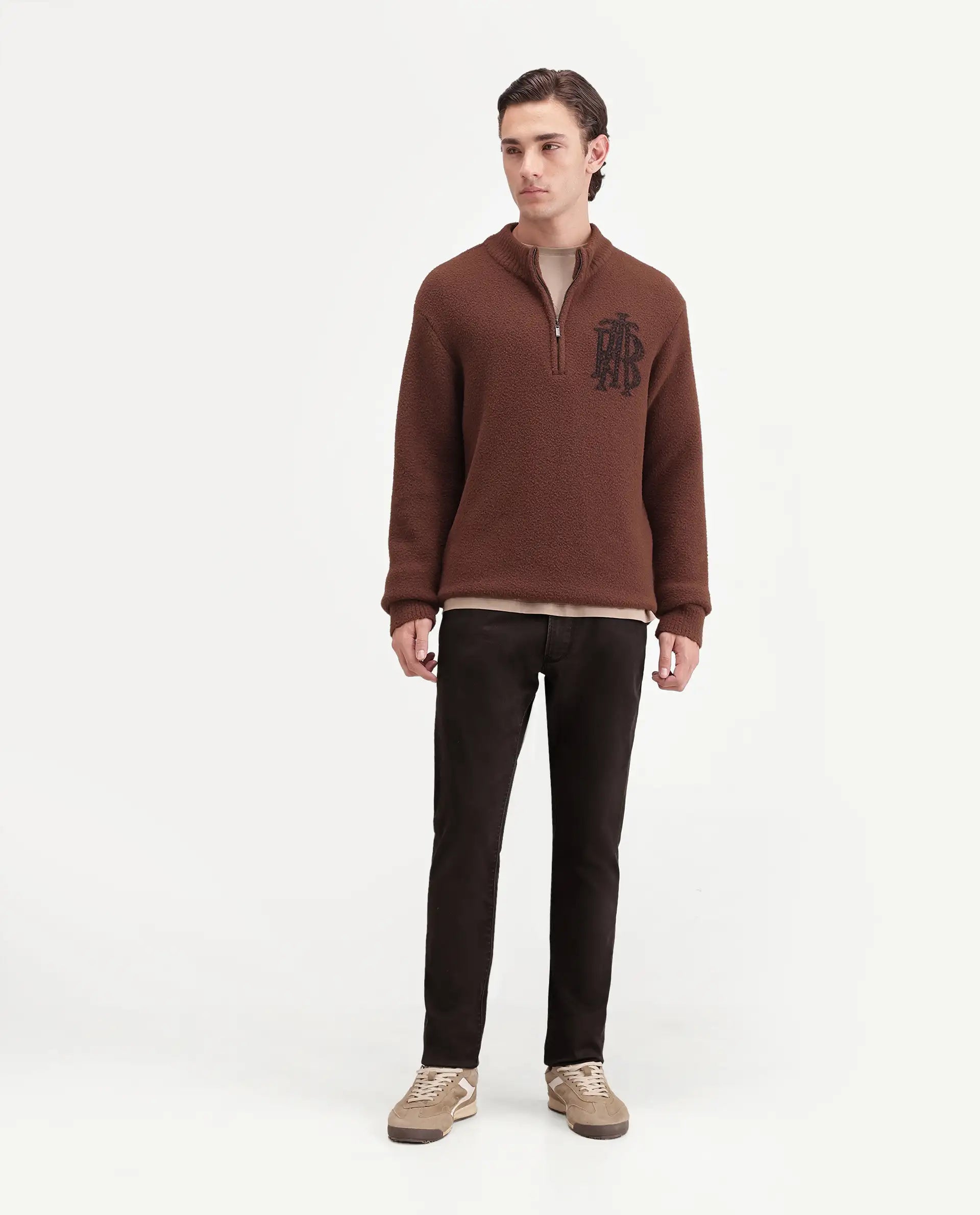 Rare Rabbit Men's Khoy Dark Brown Cotton Blend Hawk Slim Plain Jeans