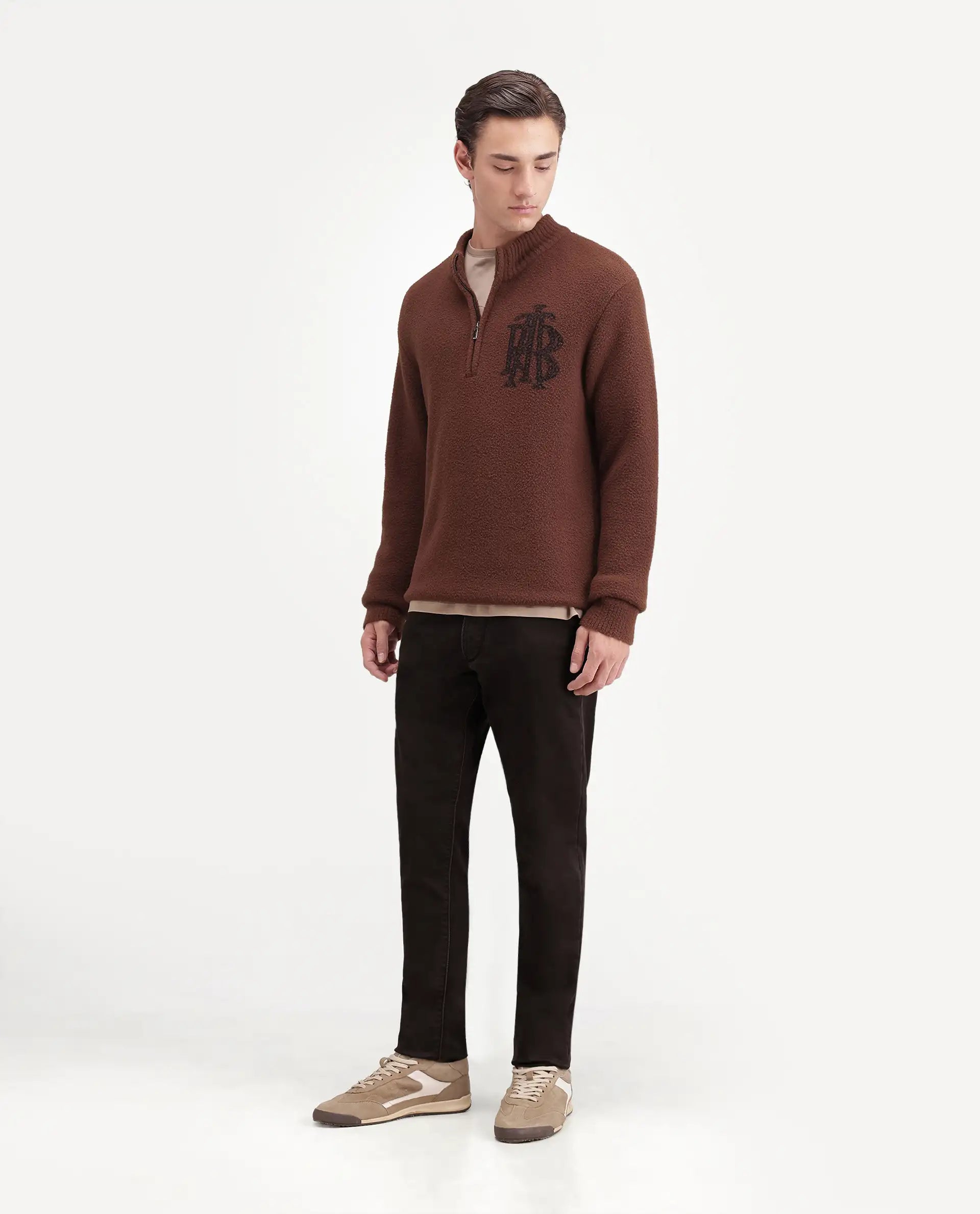 Rare Rabbit Men's Khoy Dark Brown Cotton Blend Hawk Slim Plain Jeans
