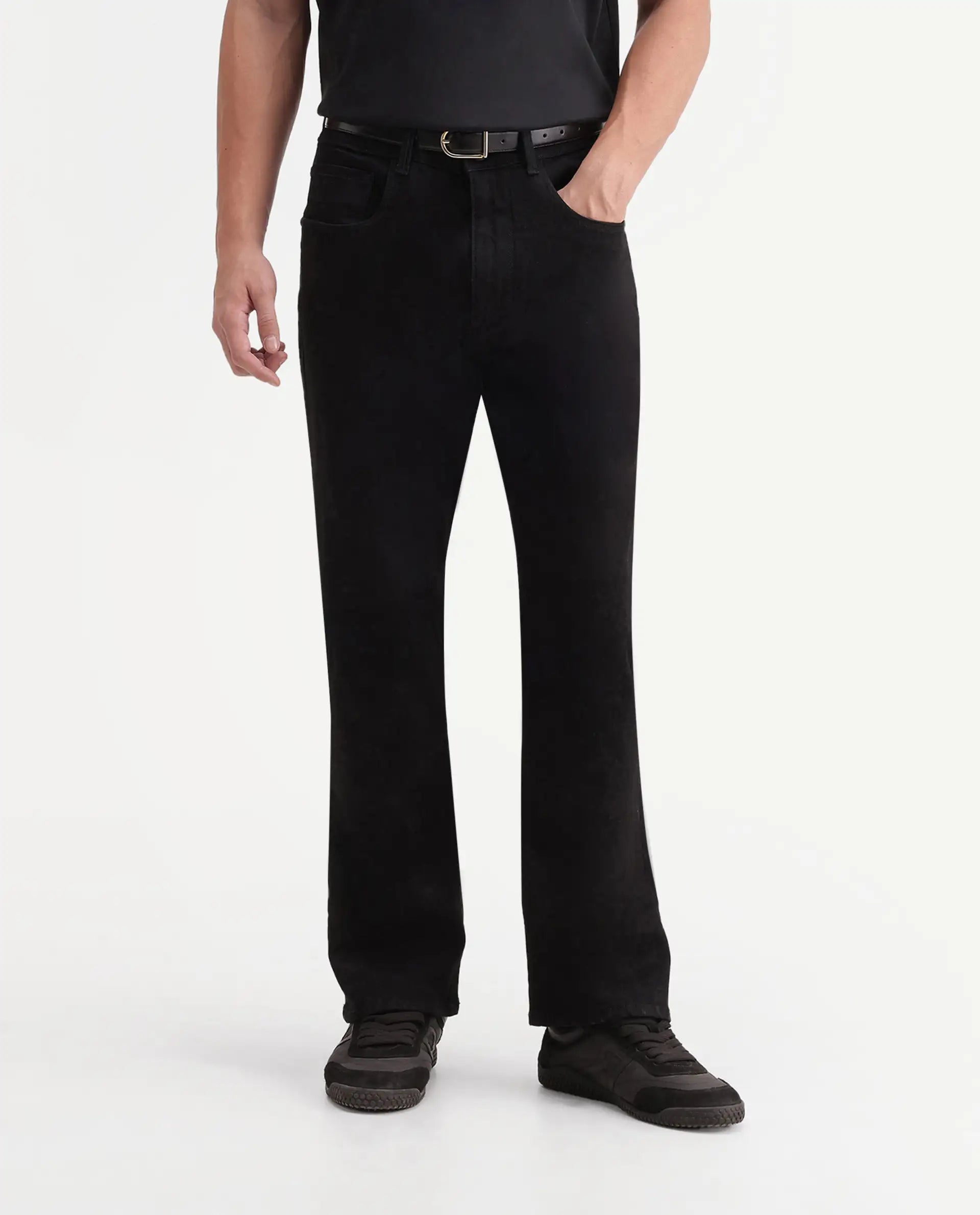 Rare Rabbit Men's Boot Black Cotton Blend Knox Bootcut Plain Jeans
