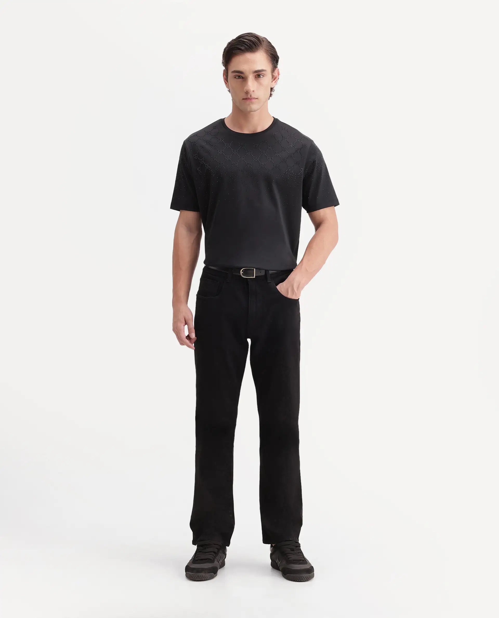 Rare Rabbit Men's Boot Black Cotton Blend Knox Bootcut Plain Jeans